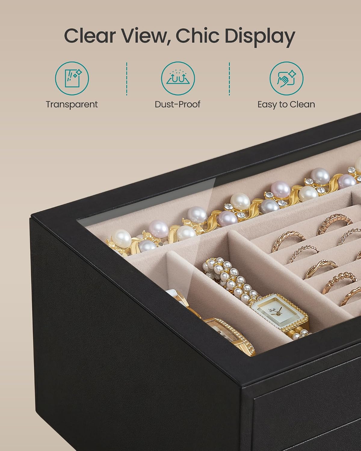 SONGMICS Joyero de 3 capas con ventana de cristal, organizador de a...