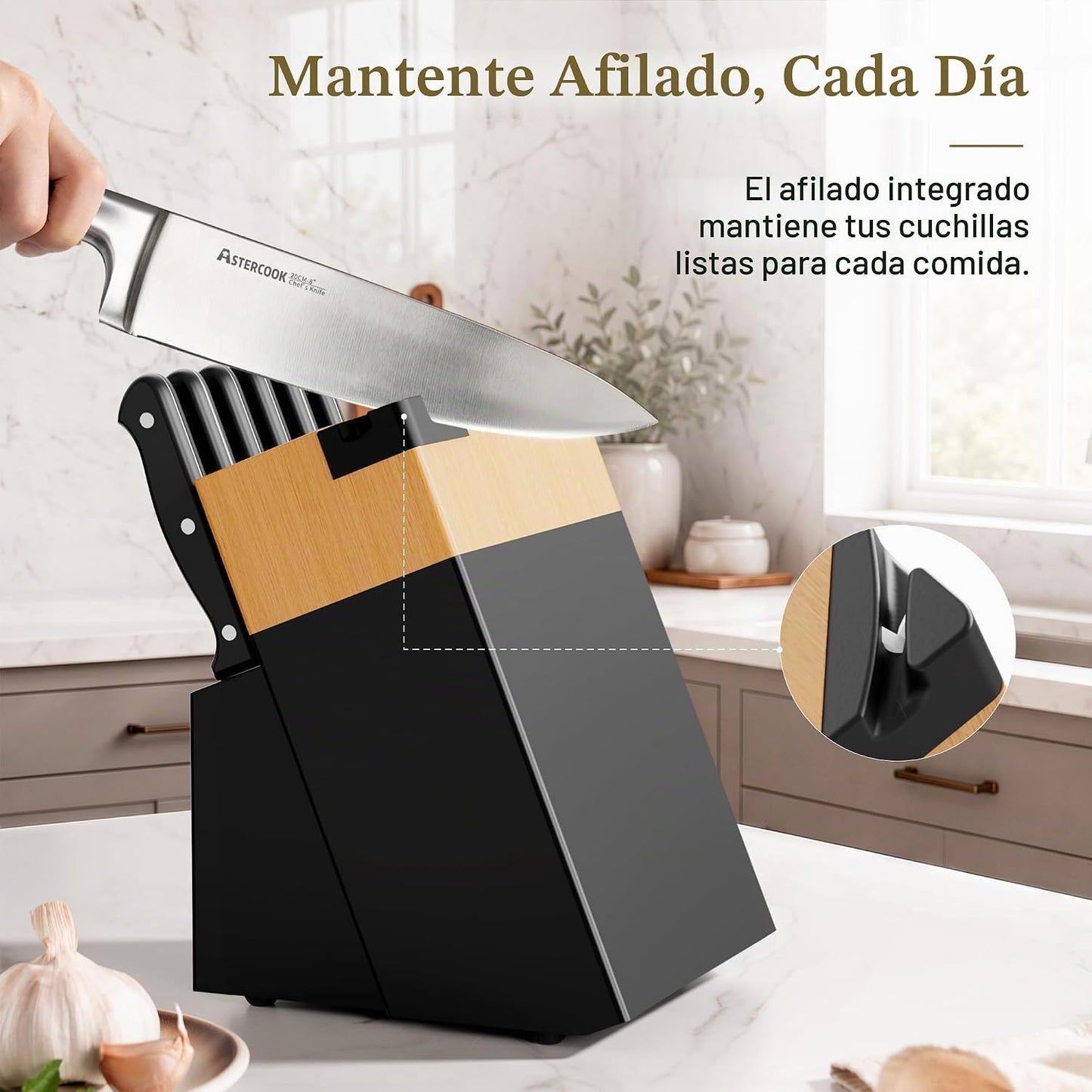 Astercook Juego de cuchillos de cocina de espiga completa con bloqu...