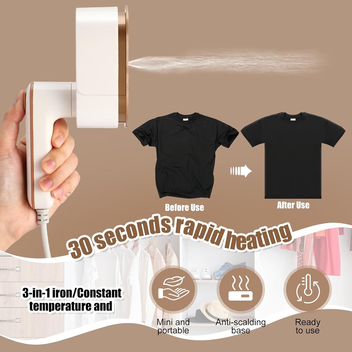 Leriton Mini plancha de viaje portátil para ropa, vaporizador de vi...