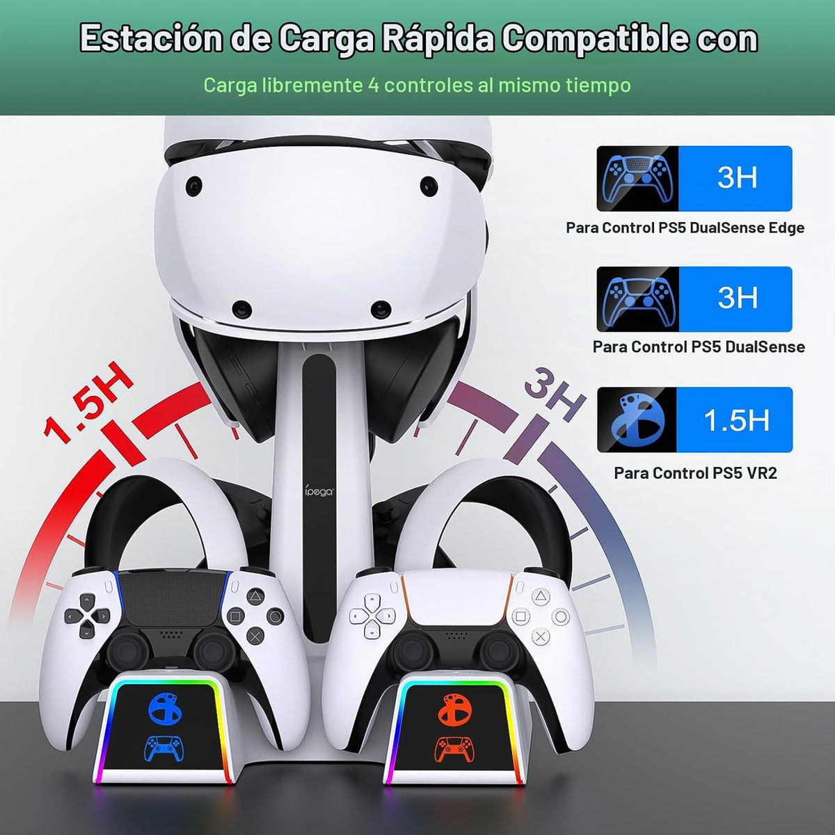Fastsnail Estación de carga RGB para PS VR2 \/ PS5 \/ PS5 con 10 lu...
