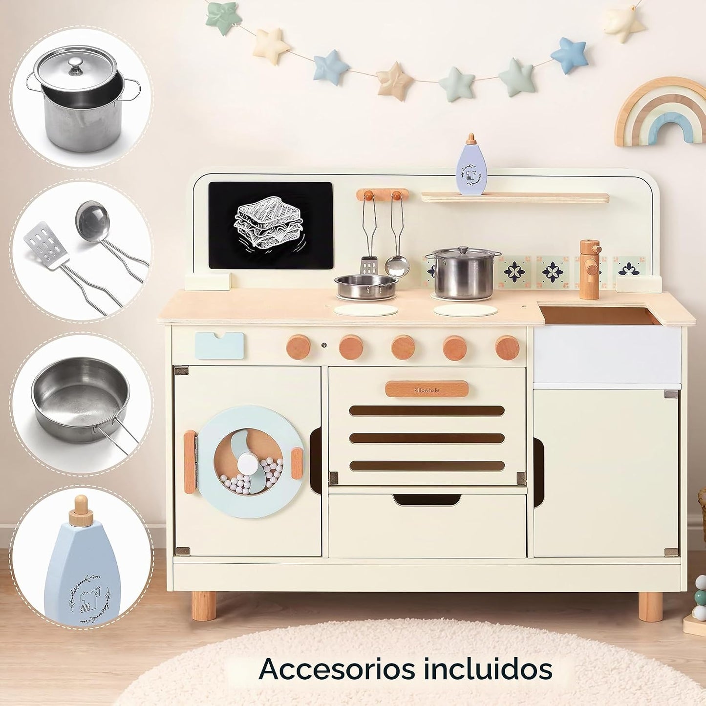 Juego de cocina de madera Pillowhale, juego de cocina grande intera...