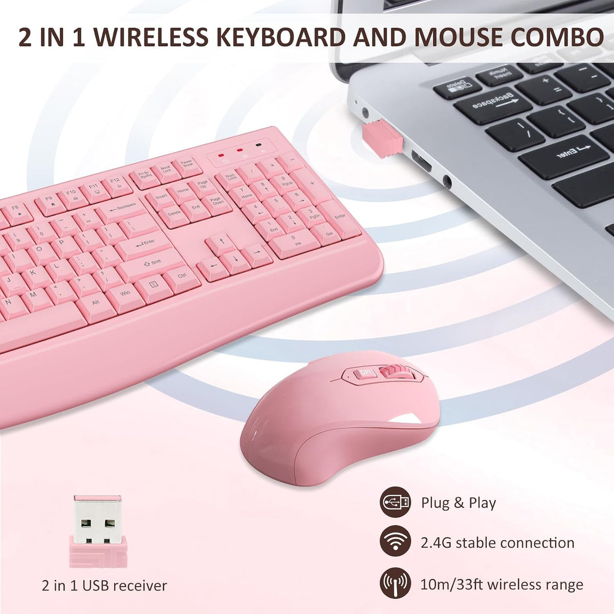 Combo de teclado y ratón inalámbricos de tamaño completo 2.4 GHz co...