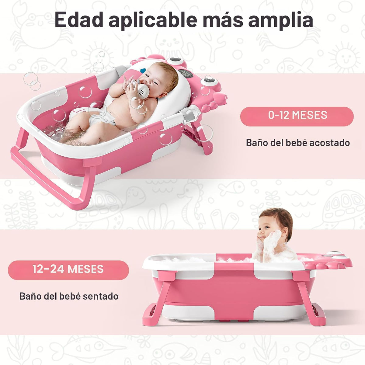 Bañera plegable para bebés recién nacidos con termómetro y cojín fl...