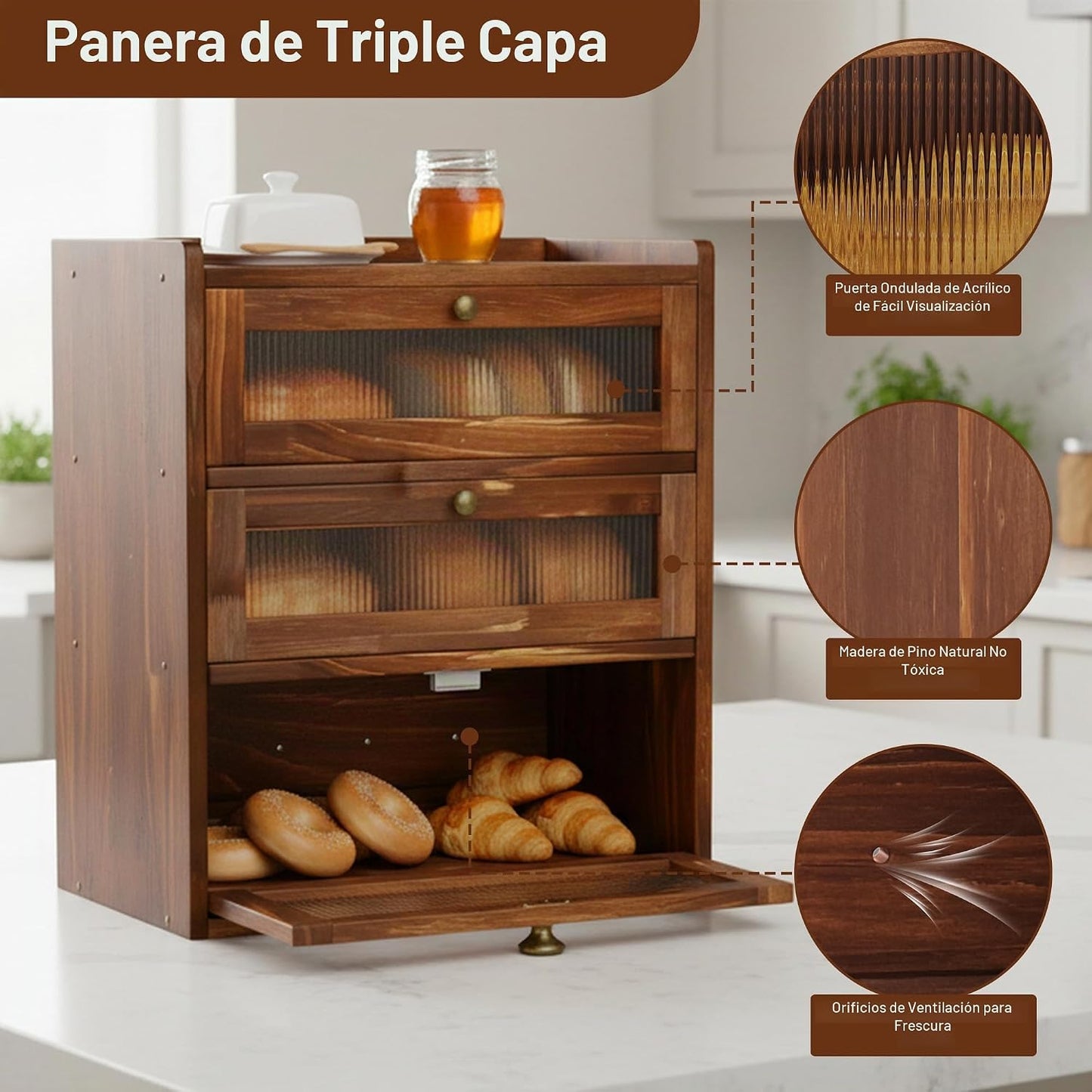 Panera para encimera de cocina, contenedor de almacenamiento de pan...