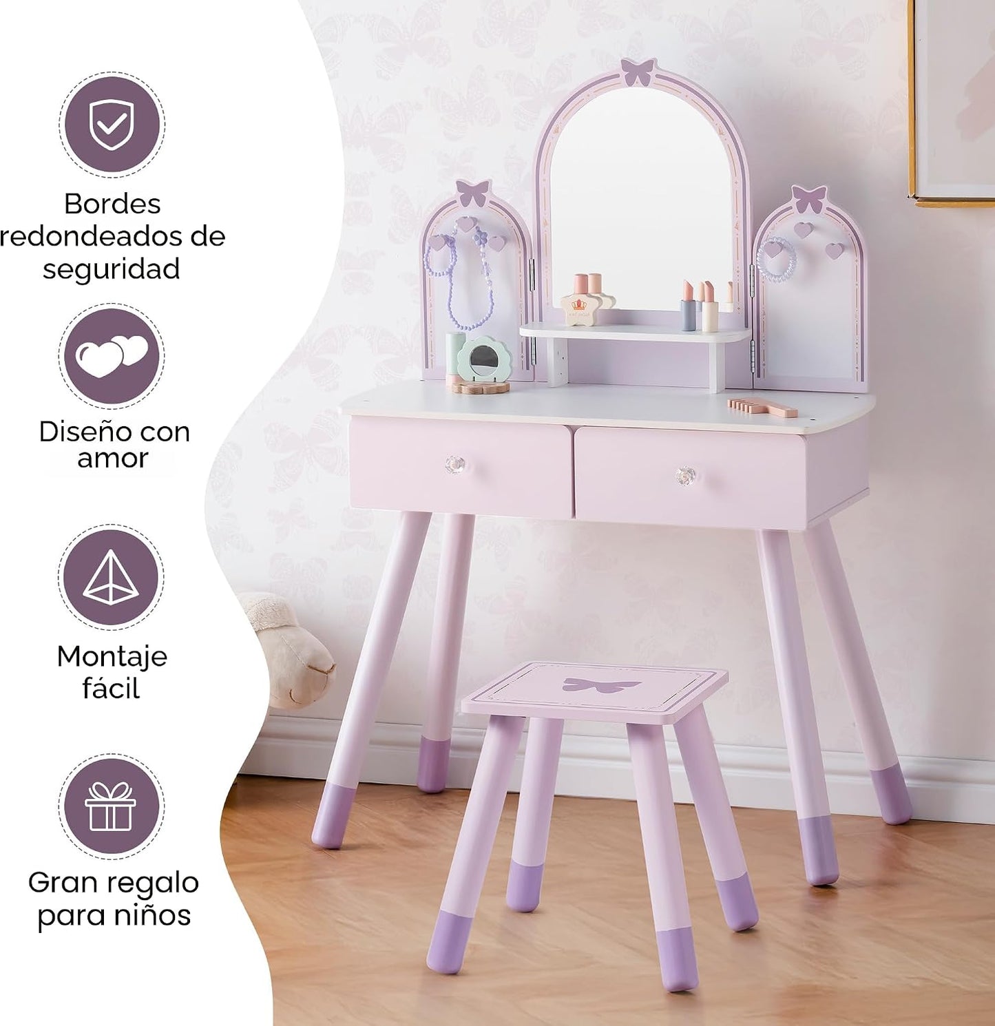 ROBUD - Juego de mesa de tocador para niños con espejo, cajón, sill...