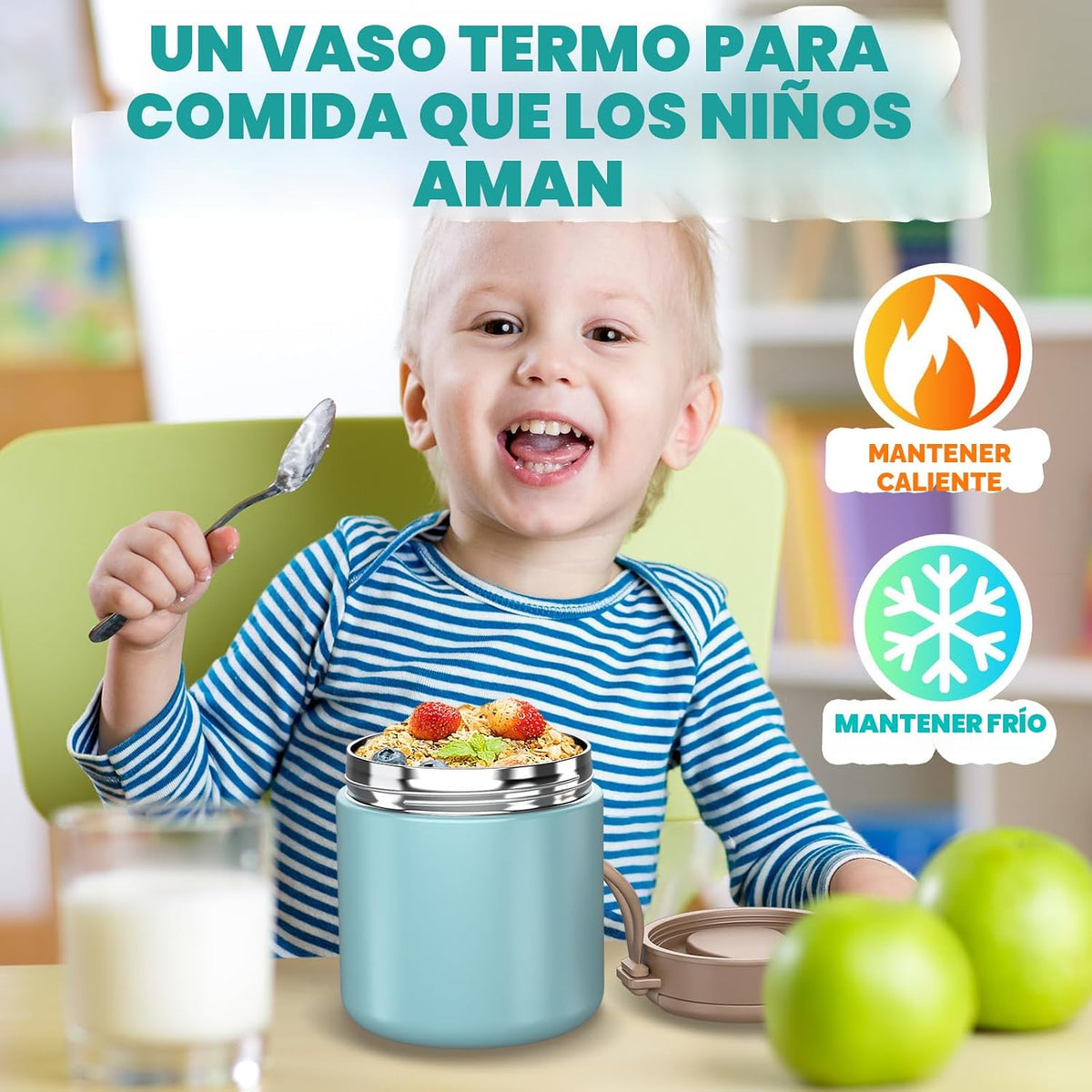 Termo para niños de comida caliente - 15.2oz con cuchara plegable y...
