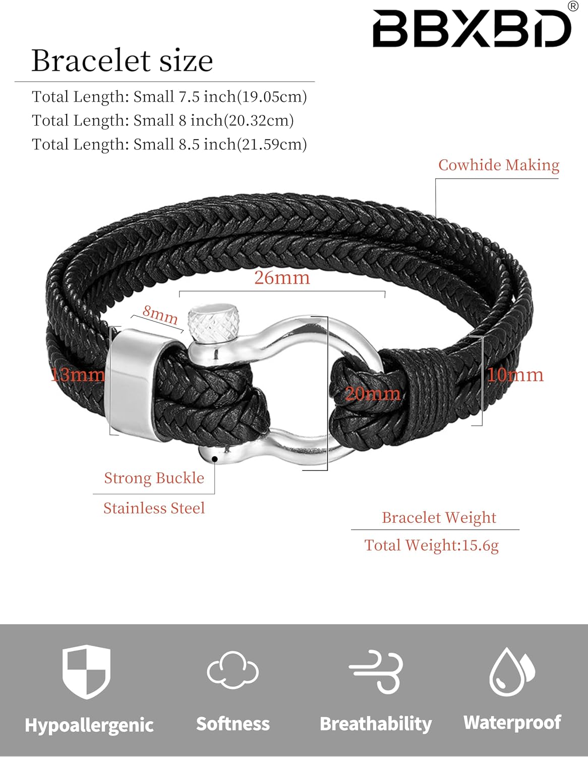BBXBD Pulsera de Cuerda para Hombre, Cuero con Hebilla de Acero Ino...