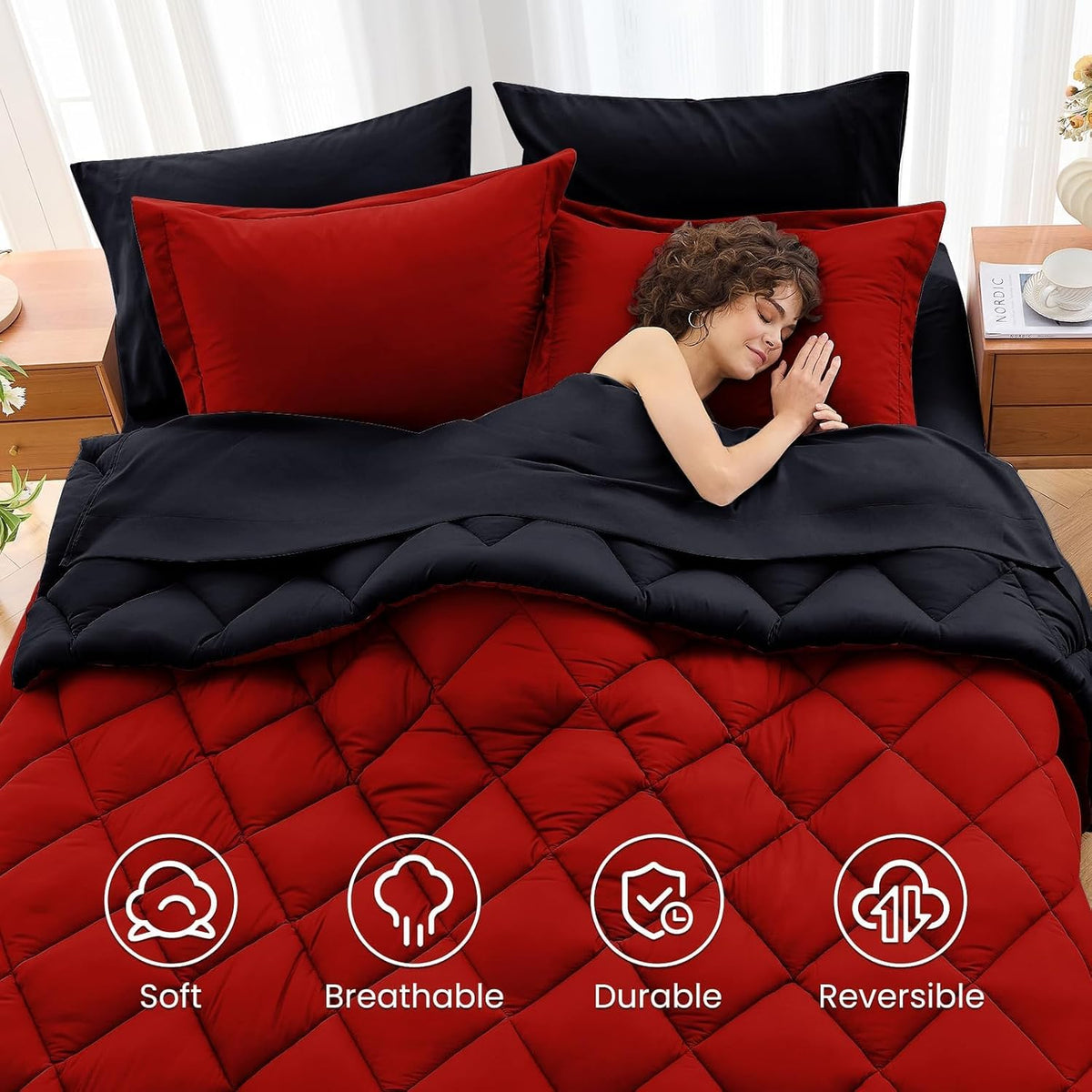 MUXHOMO Juego de edredón Queen de 7 piezas, cama reversible en una...