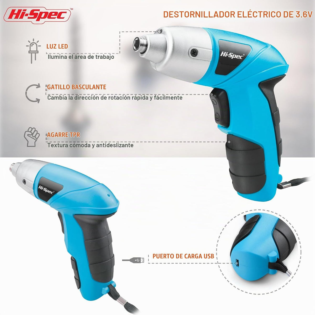 Hi-Spec Destornillador eléctrico USB de 3.6 V para reparaciones y m...
