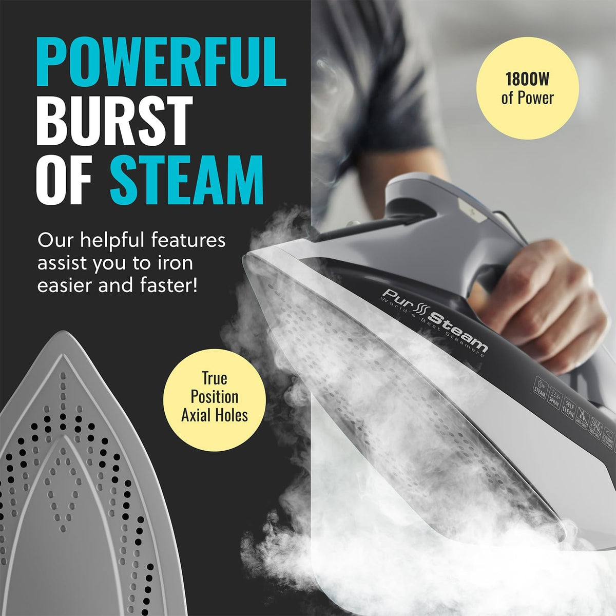 PurSteam Plancha de vapor para ropa de 1800 W con pantalla LCD, sue...