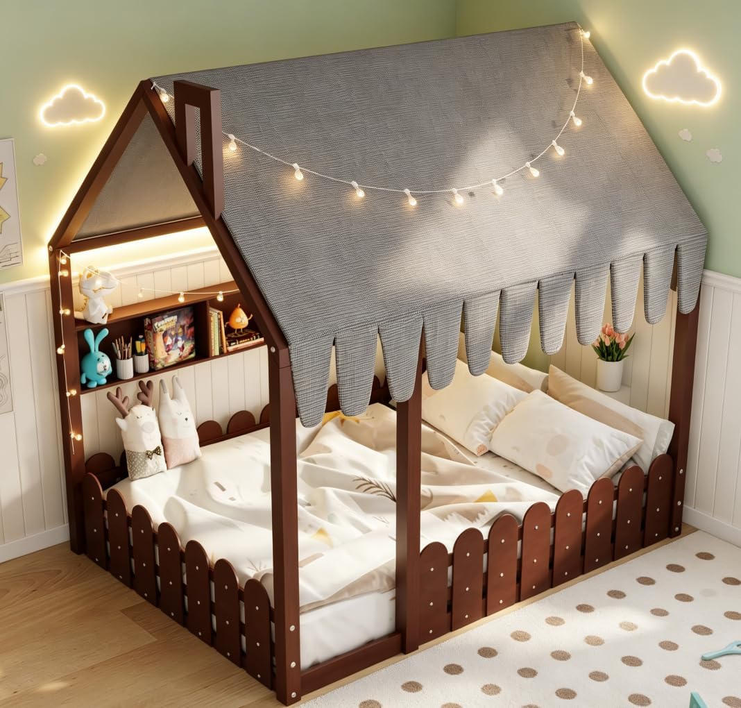 Bellemave Cama de piso de casa completa con riel para niños, camas...