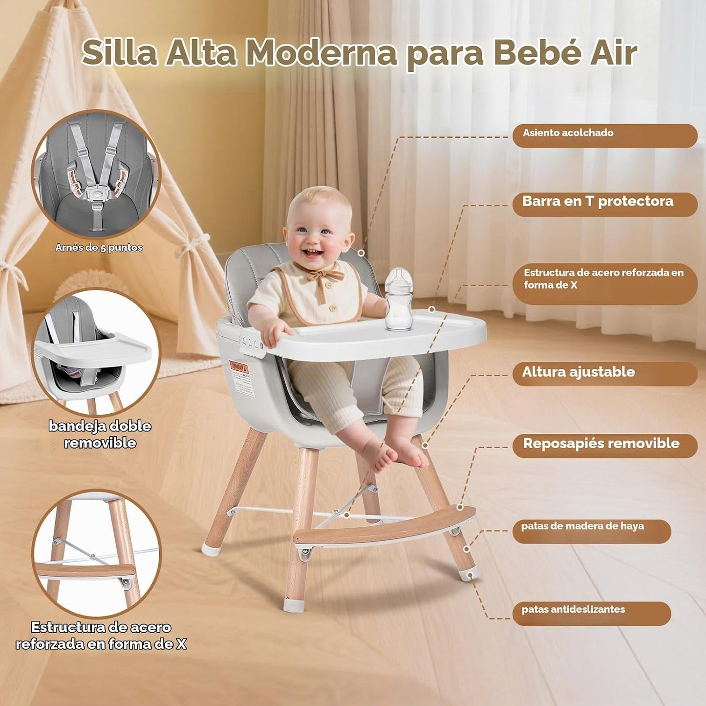 Sillas altas para bebés y niños pequeños, silla alta de madera conv...