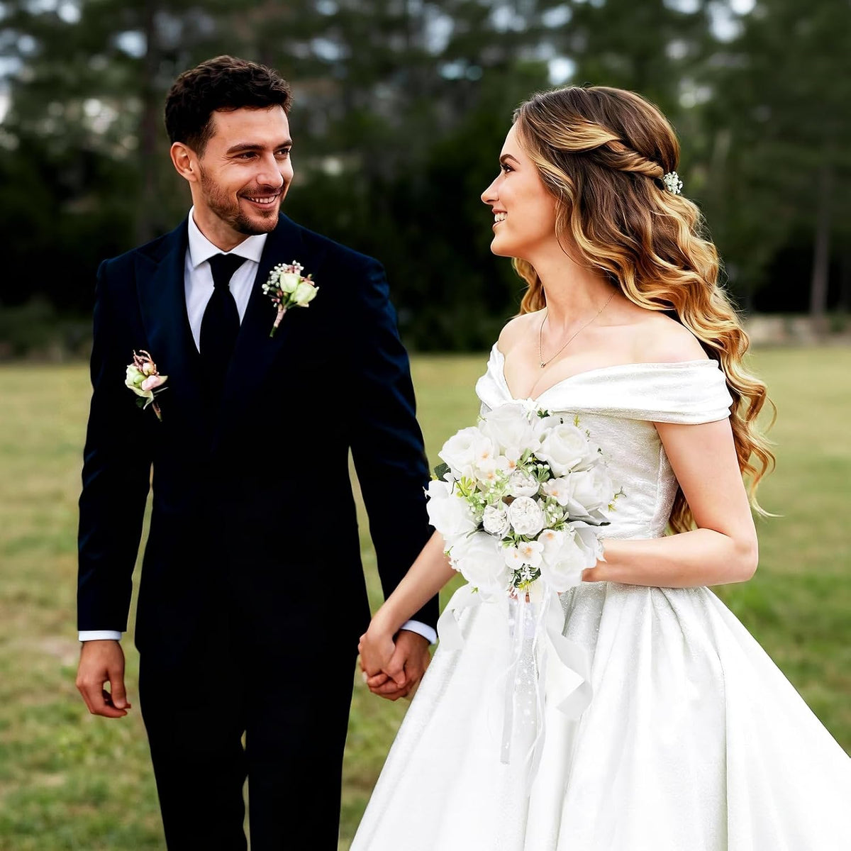 Qeedy Ramo de boda para novia, rosas artificiales de seda de 8 pulg...
