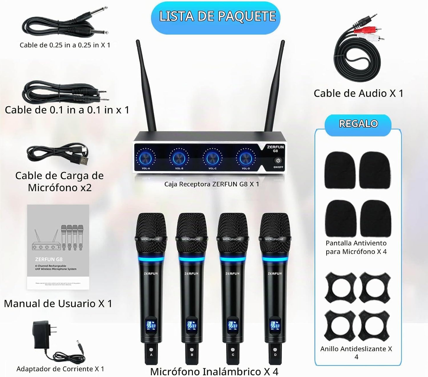 ZERFUN Sistema de Micrófono Inalámbrico Recargable de 4 Canales, Mi...