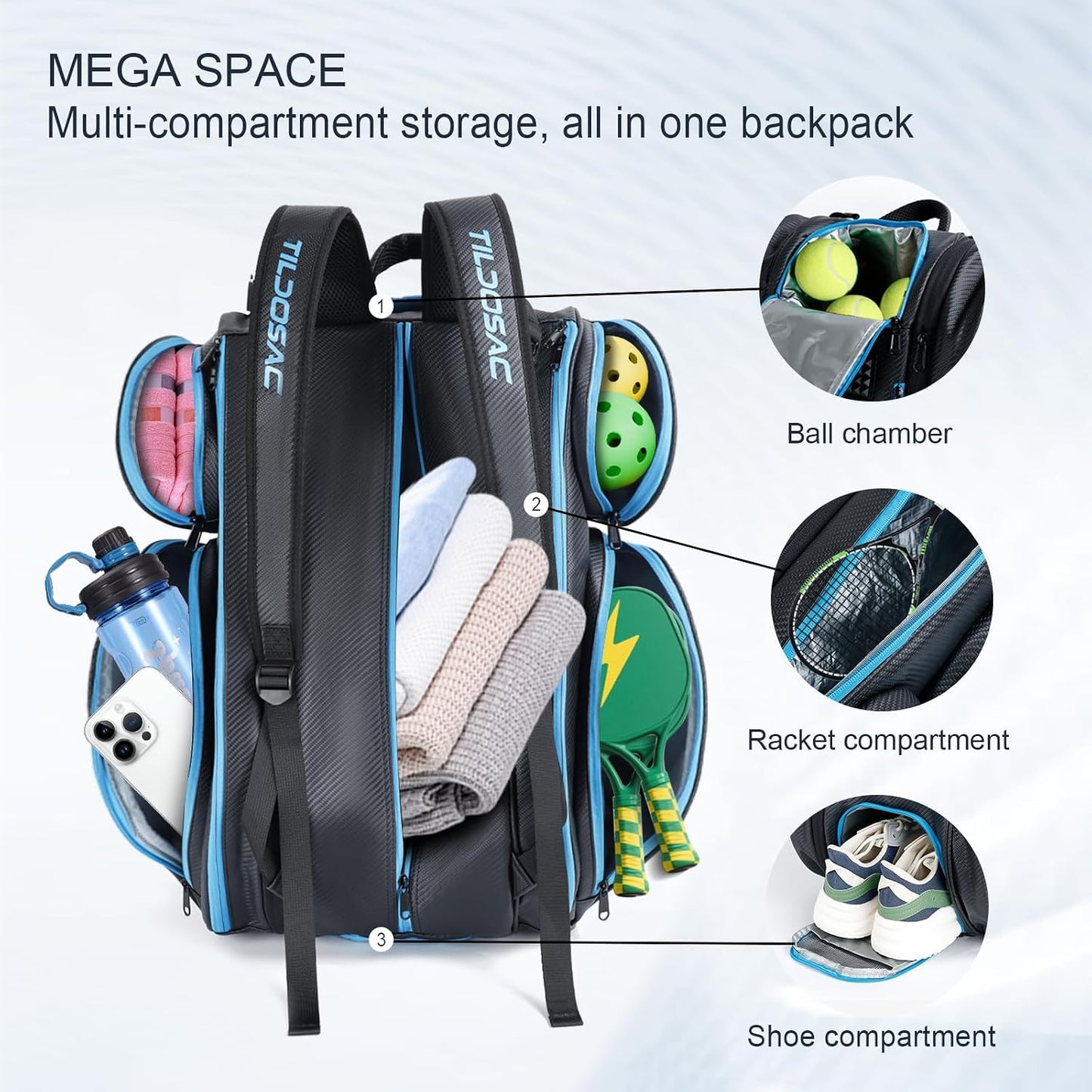 TILDOSAC Bolsa desmontable 2 en 1 para pickleball y pádel para homb...