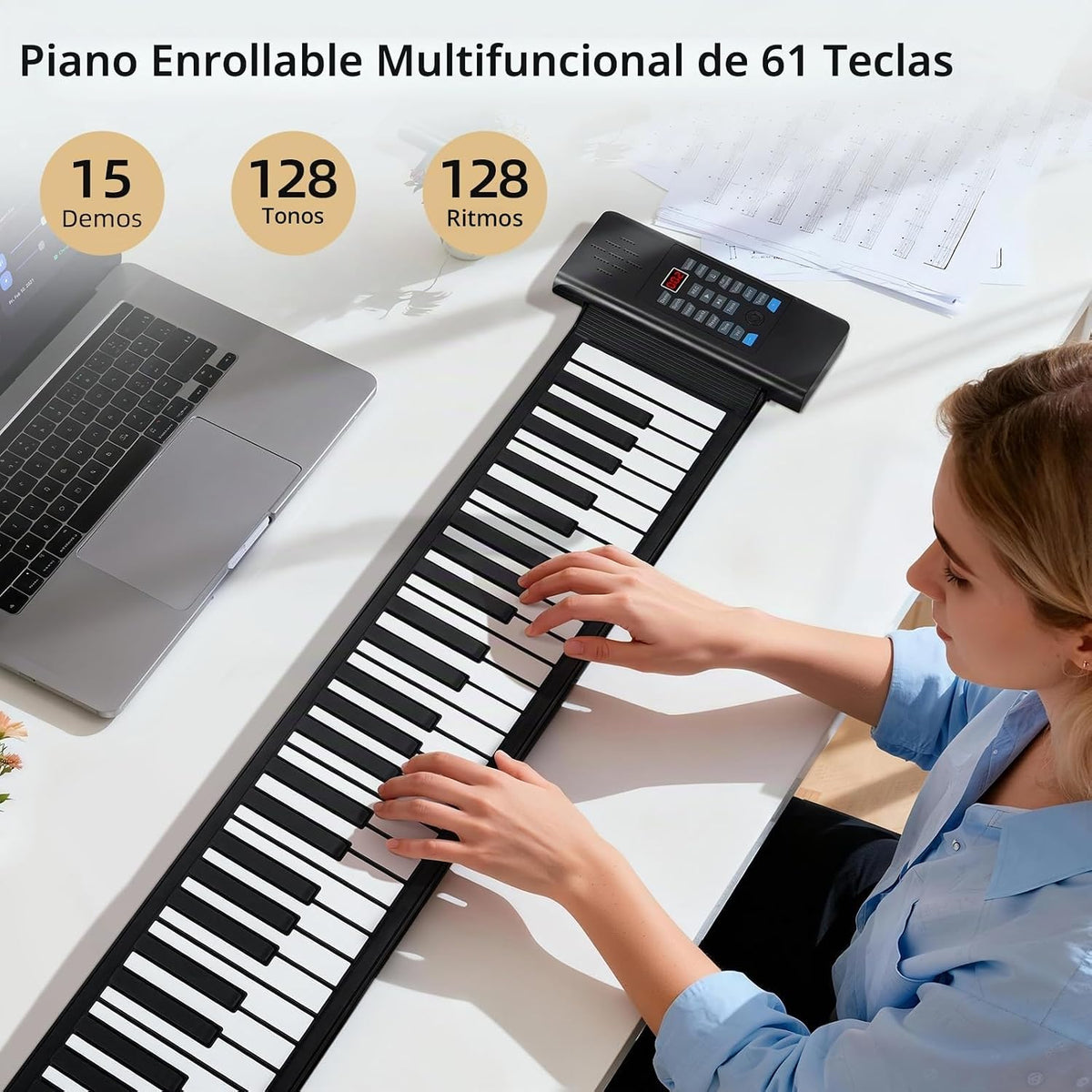POGOLAB Piano de teclado enrollable de 61 teclas, piano plegable el...
