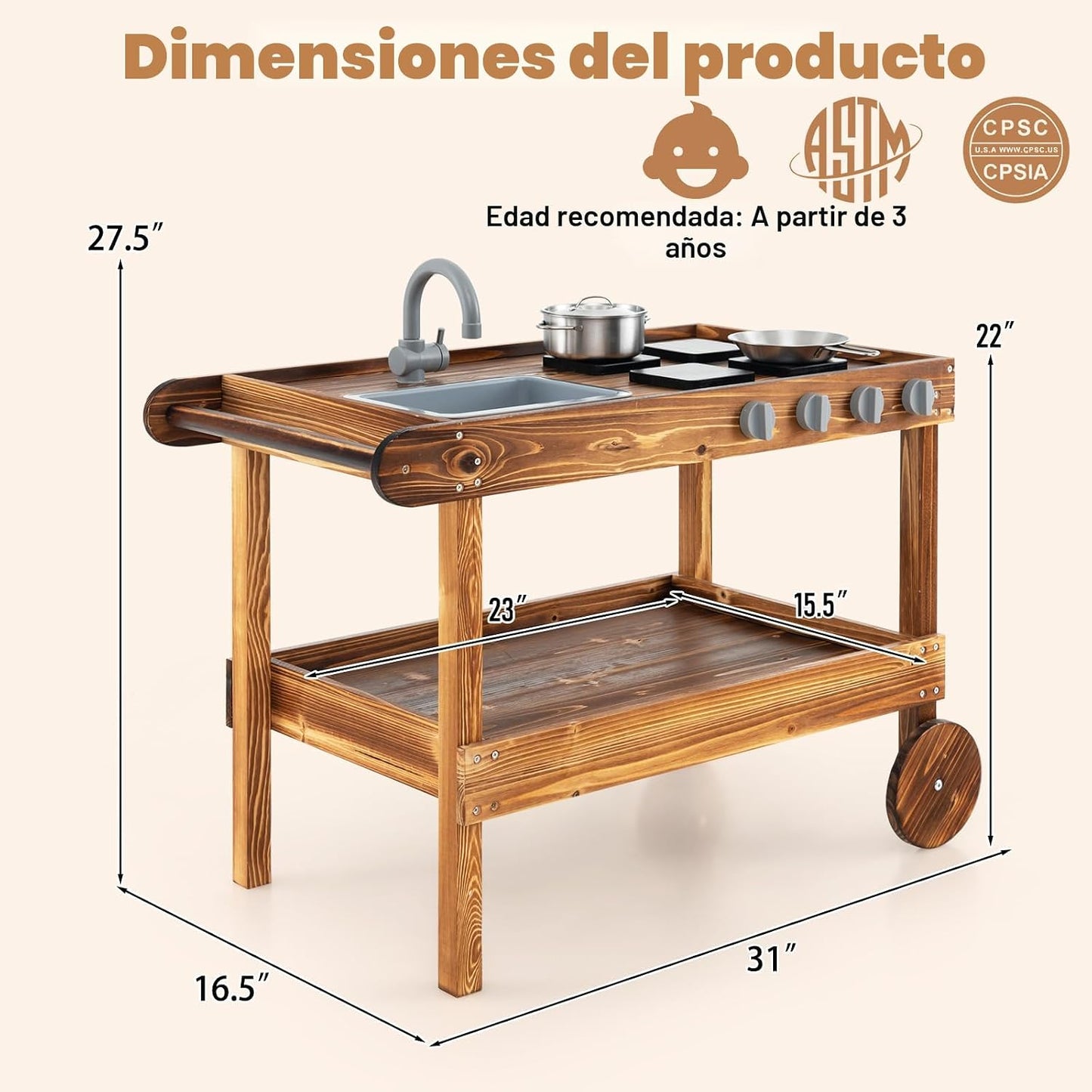 Costzon Cocina de barro, cocina de juego al aire libre con fregader...