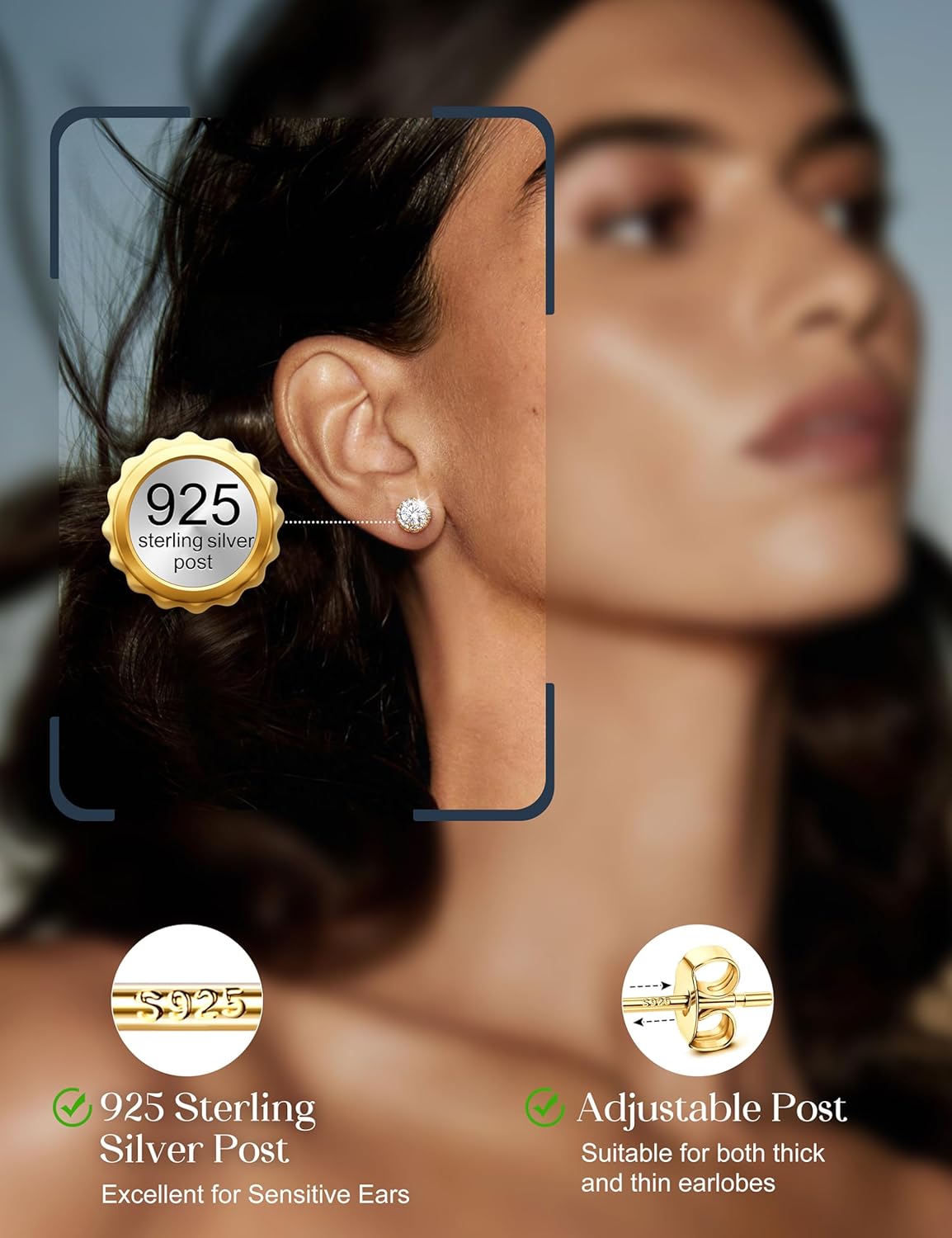 Aretes de tuerca chapados en oro de 14 quilates para mujer, hipoale...