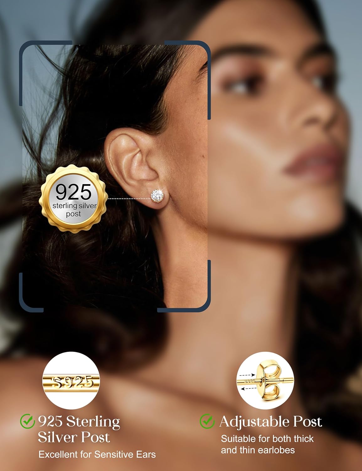 Aretes de tuerca chapados en oro de 14 quilates para mujer, hipoale...