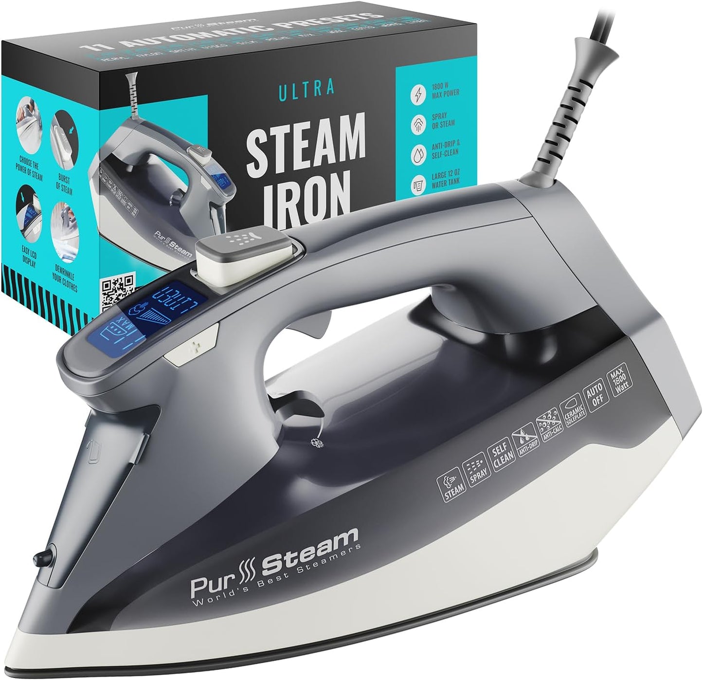 PurSteam Plancha de vapor para ropa de 1800 W con pantalla LCD, sue...