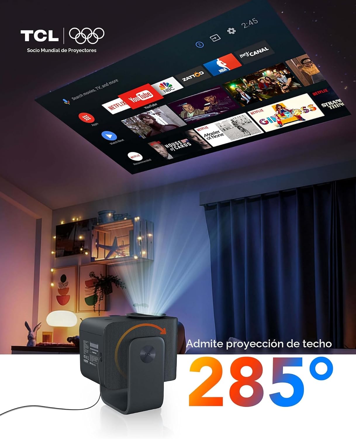 TCL C1 Smart Google TV Projector, WiFi y Bluetooth, cardán giratori...