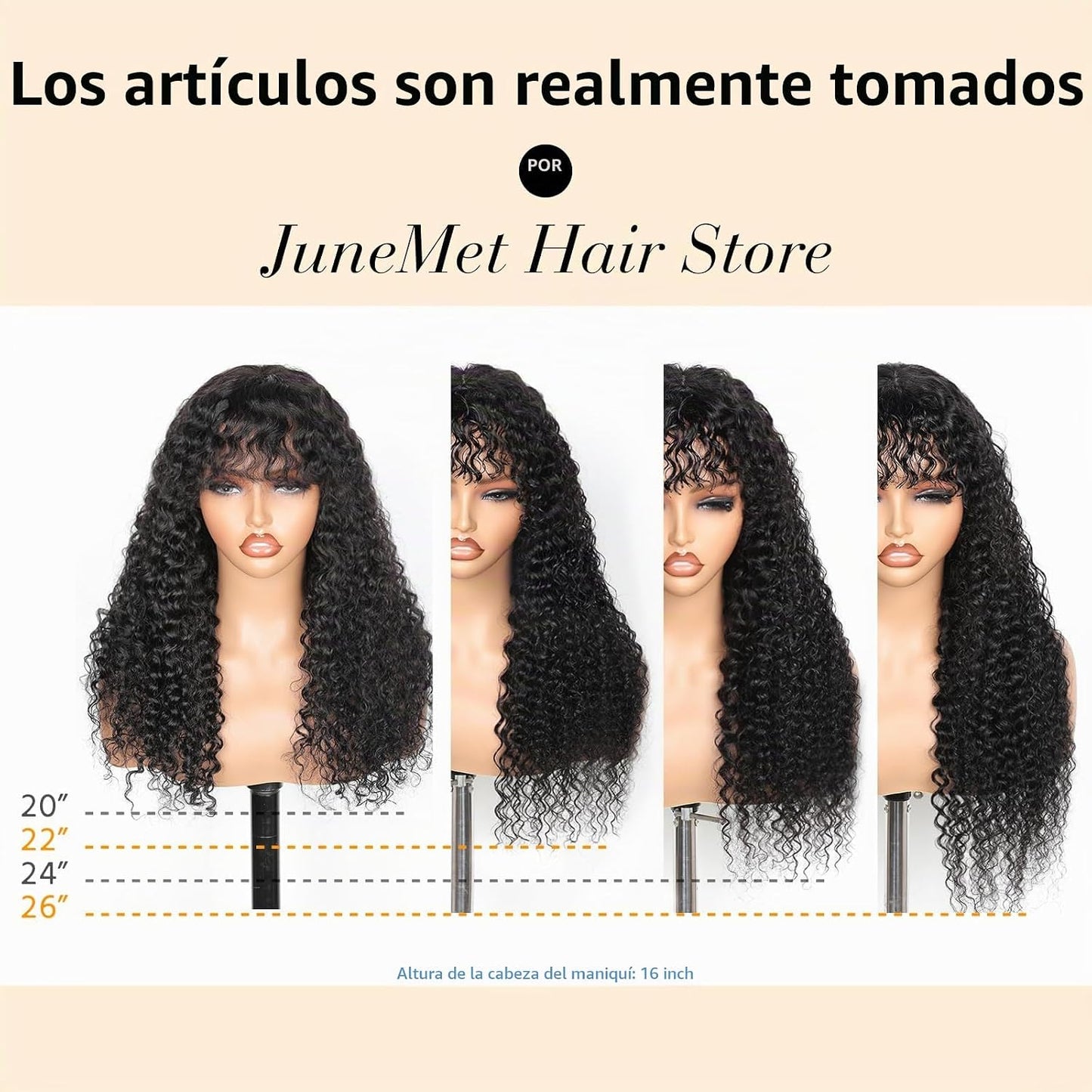 JuneMet Ruiyu Pelucas de cabello humano rizado con flequillo, encaj...