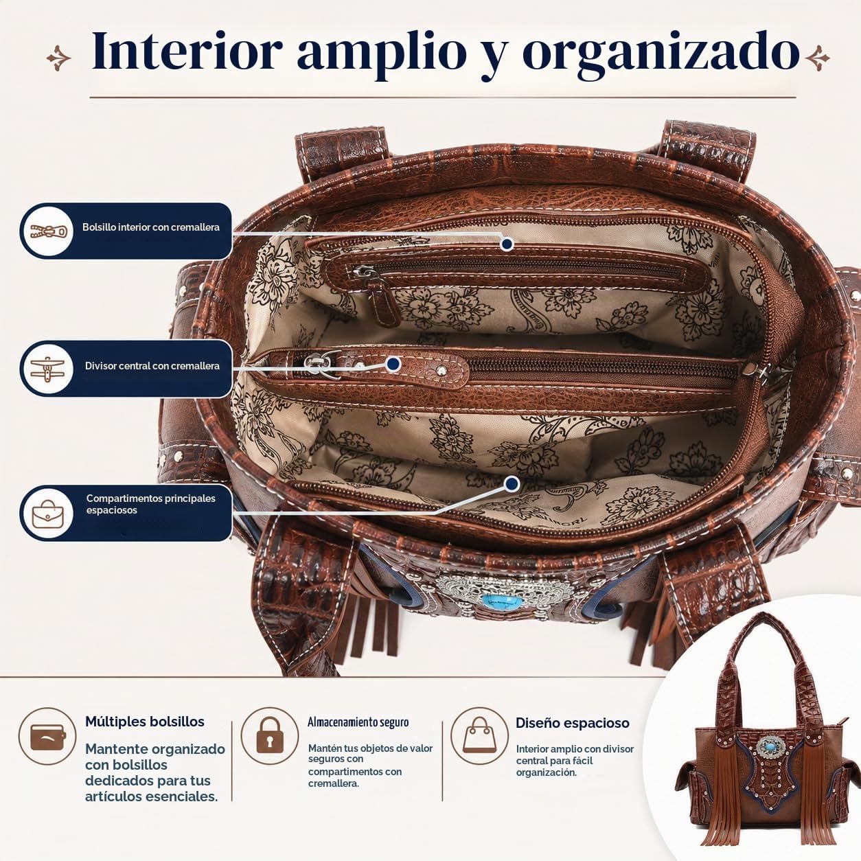 Estilo occidental vaquera tejida con flecos de cocodrilo magnífico...