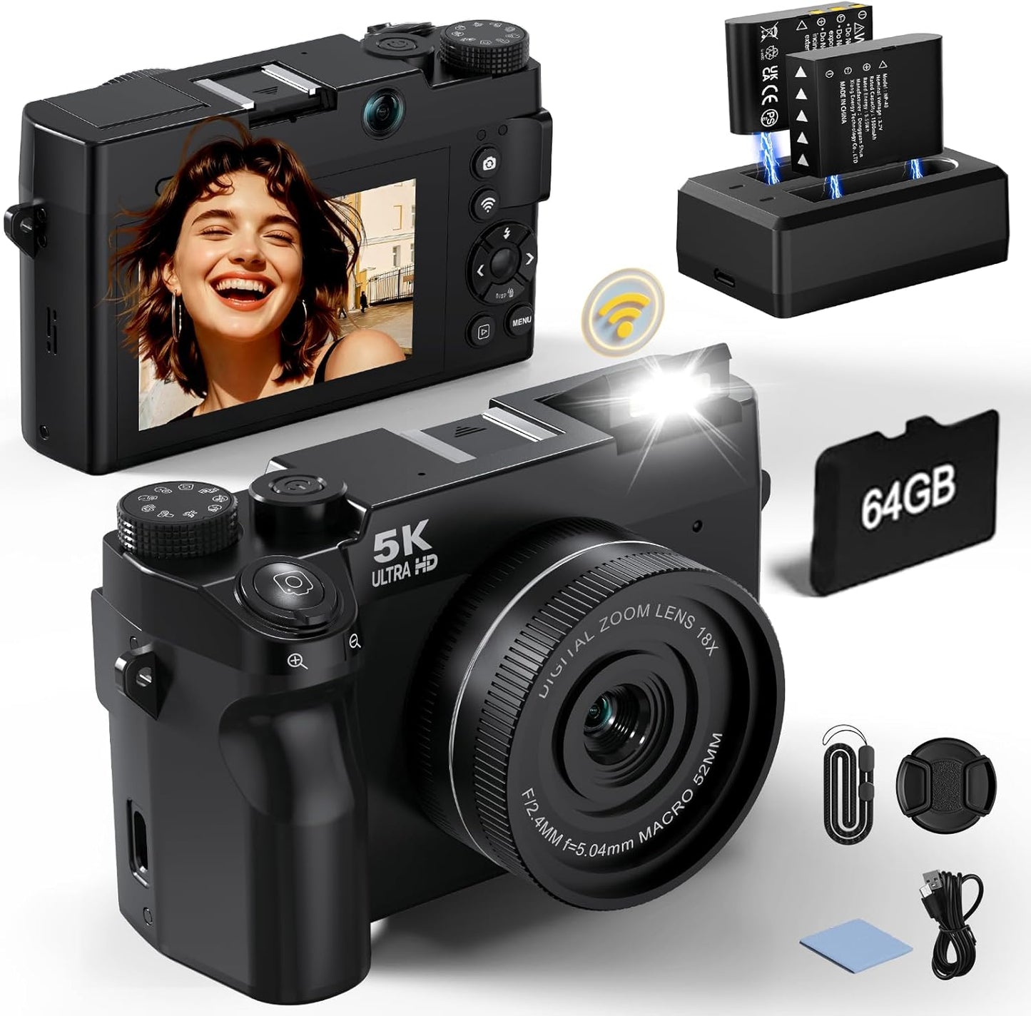 Cámara digital 5K 75 MP para fotografía con zoom de 18X, 64GB, lent...