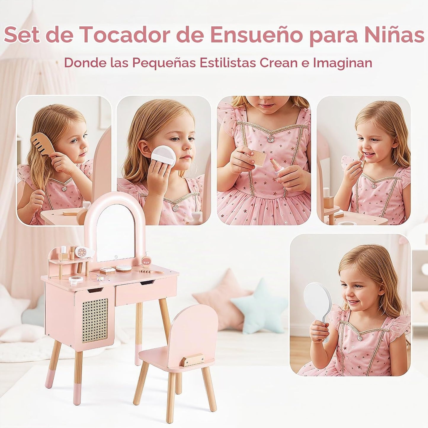 LININYHAO Juego de tocador para niños con espejo iluminado y acceso...