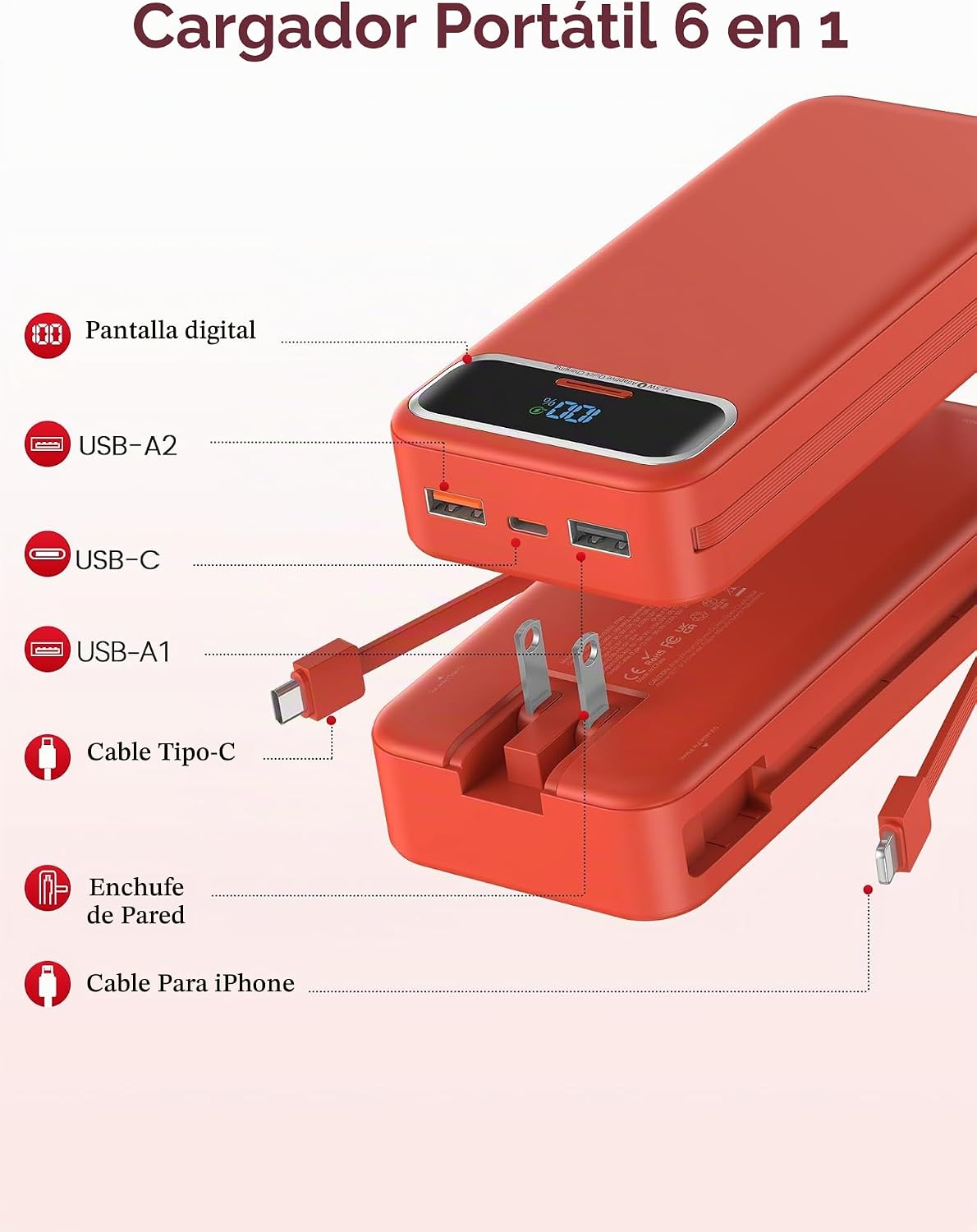 aonidi - Cargador portátil de 20000 mAh con cables integrados y enc...
