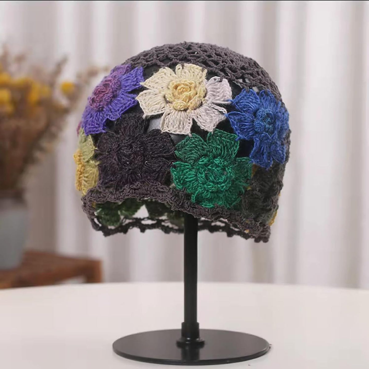 CORIRESHA Boho Chic Hecho a Mano Crochet Flor Beanie Ligero Hueco Y...