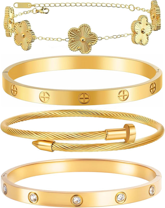 Ntutrxk Pulseras de oro para mujer - 4 piezas\/3 piezas, juego de p...