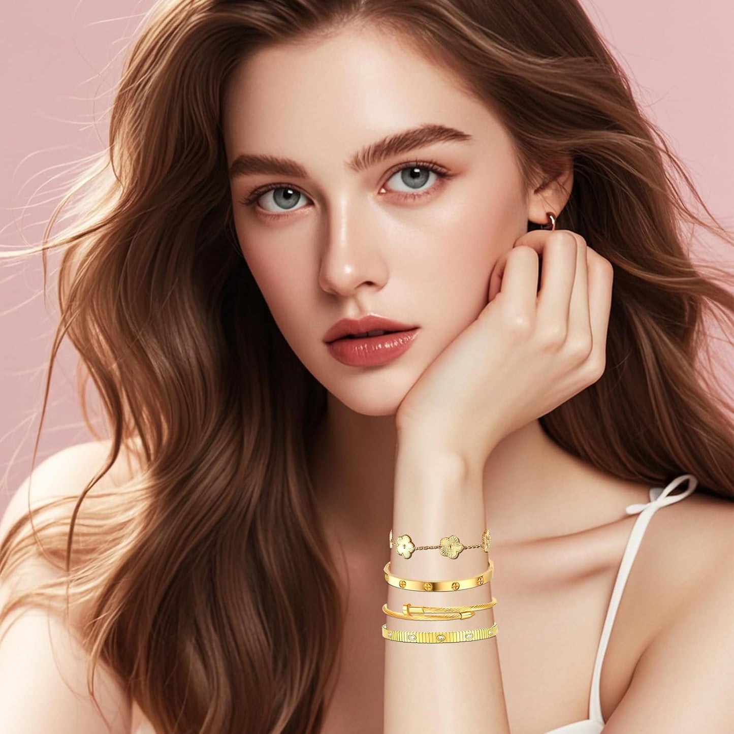 Ntutrxk Pulseras de oro para mujer - 4 piezas\/3 piezas, juego de p...