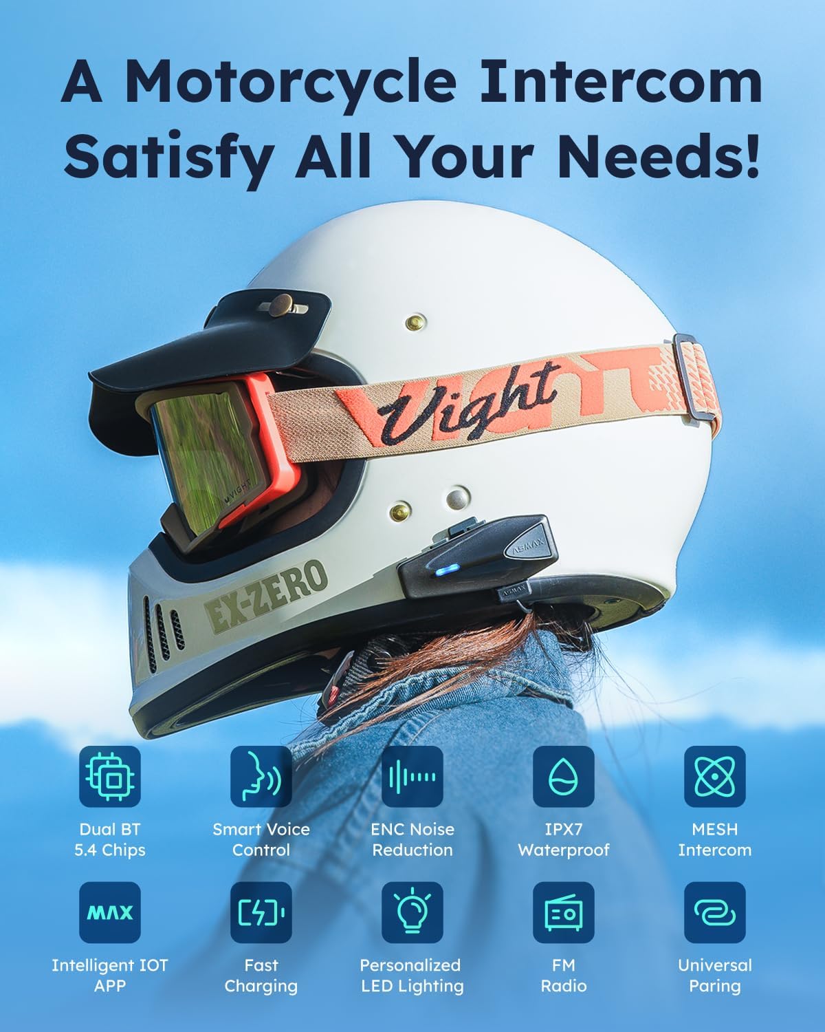 ASMAX Auriculares Bluetooth para motocicleta S1 con control de voz...