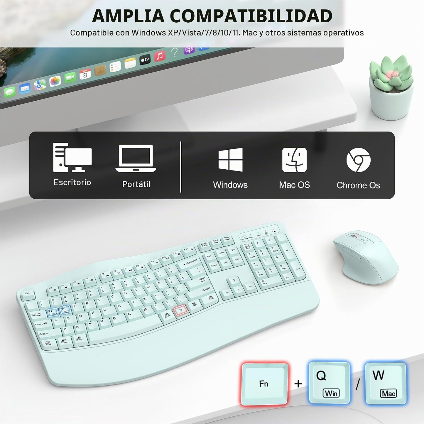 Combo de teclado y mouse inalámbricos, teclas onduladas de tamaño c...