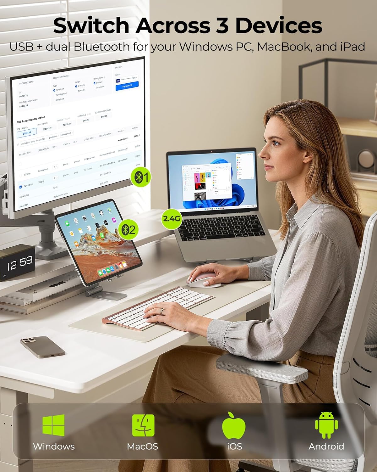 seenda COE401 Combo de teclado y mouse Bluetooth, 3 dispositivos, o...