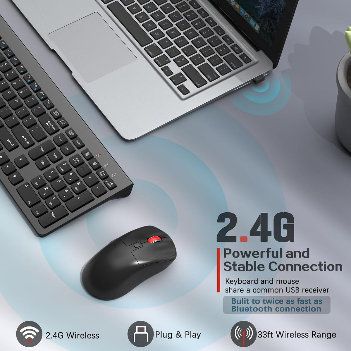 GAMCATZ Combo de teclado y mouse inalámbricos, clic silencioso, dis...