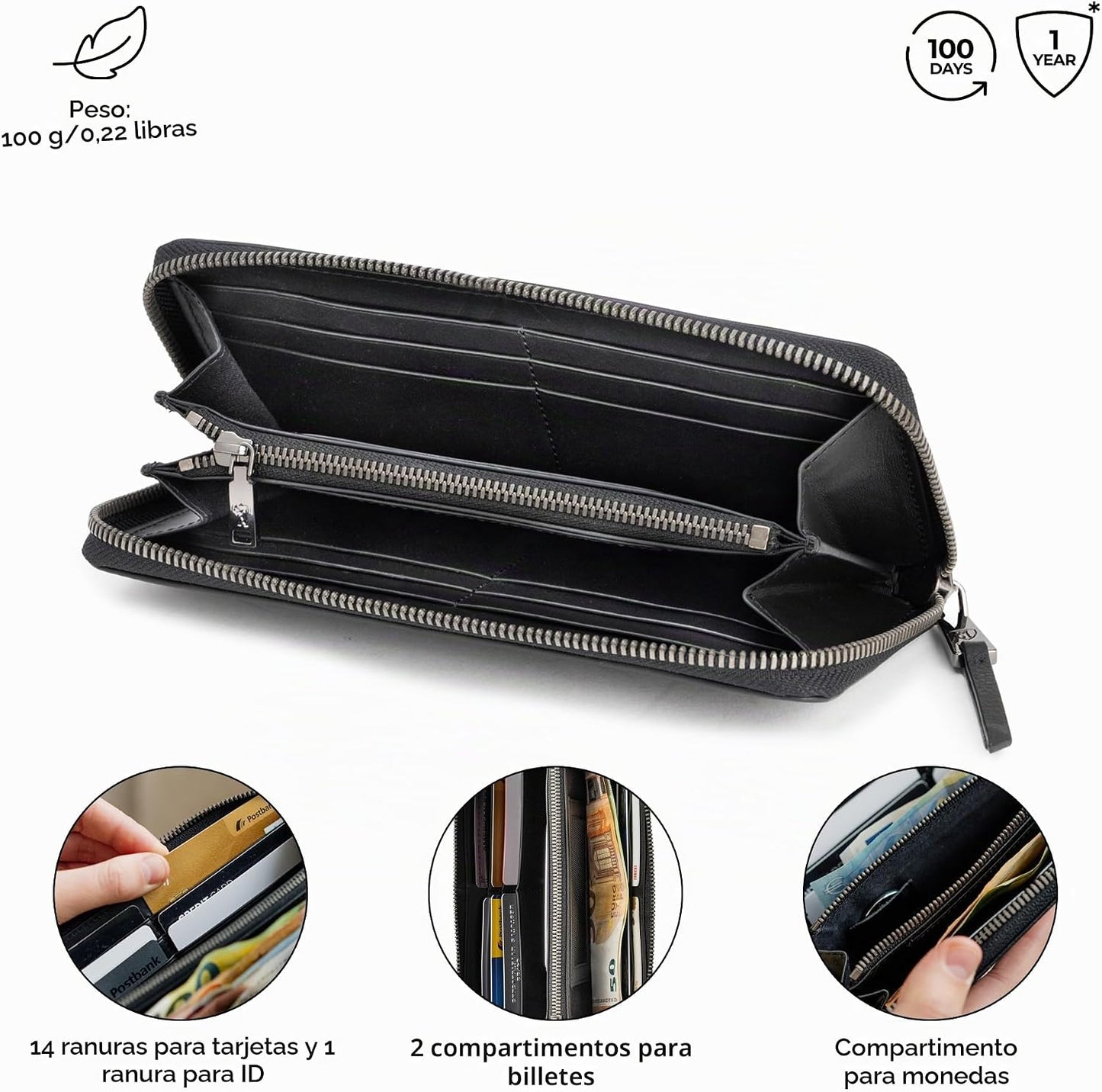 BERLINER BAGS Cartera con cremallera de cuero genuino Palma, caja d...