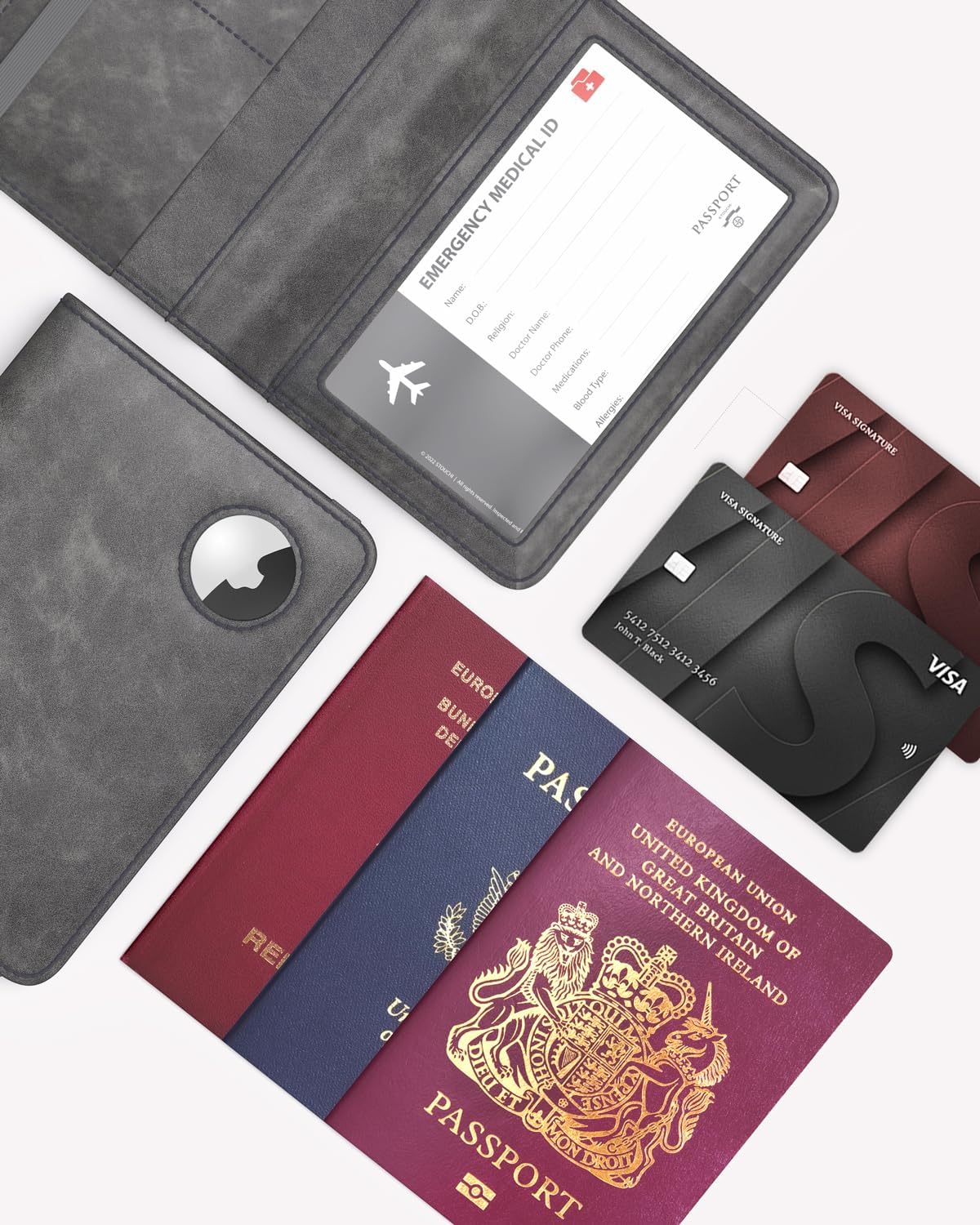 Stouchi Porta Pasaporte AirTag, Gris | Piel sintética ultradelgada...