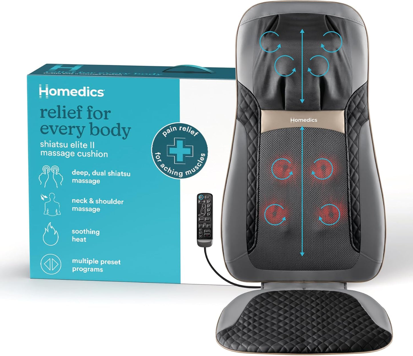 Homedics - Masajeador de espalda con calor, cojín Shiatsu para masa...