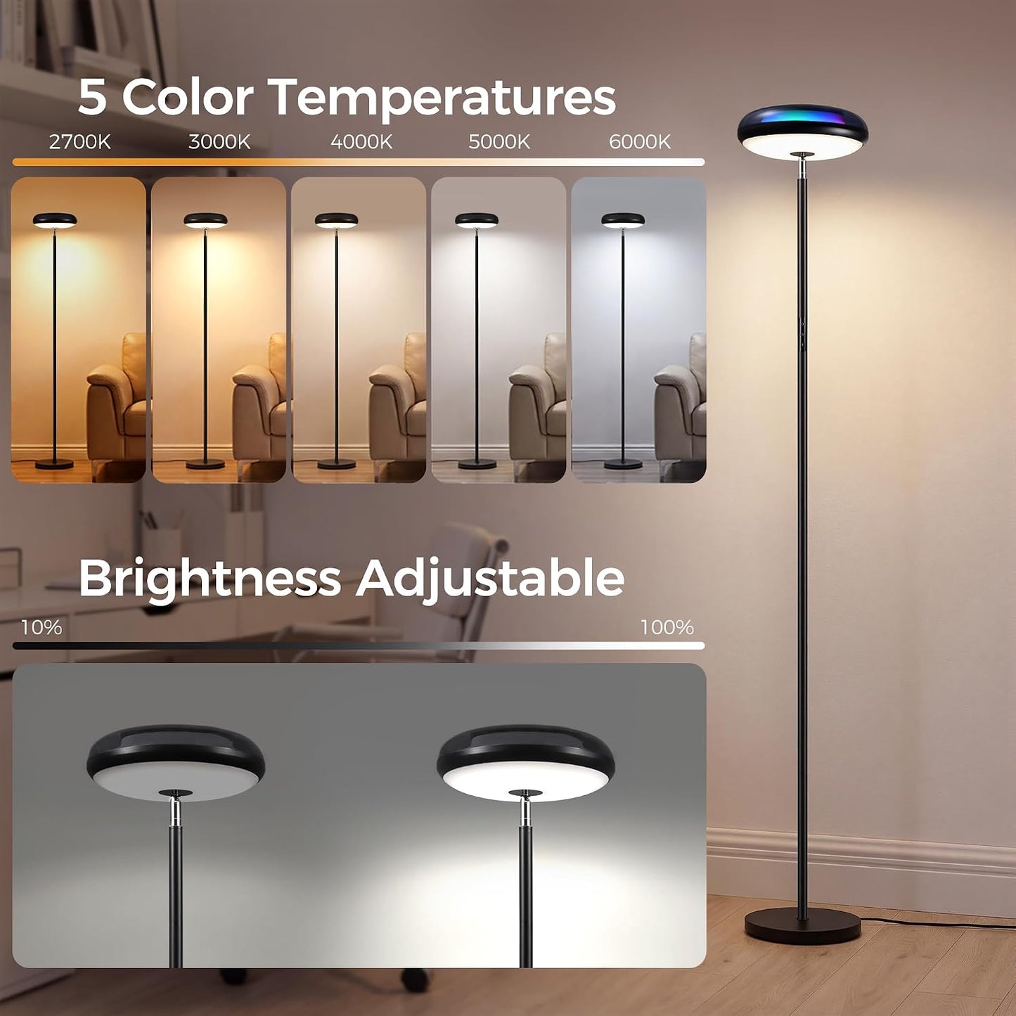 SIBRILLE Lámpara de pie Uplighter con proyector RGB ondulado, 3 en...