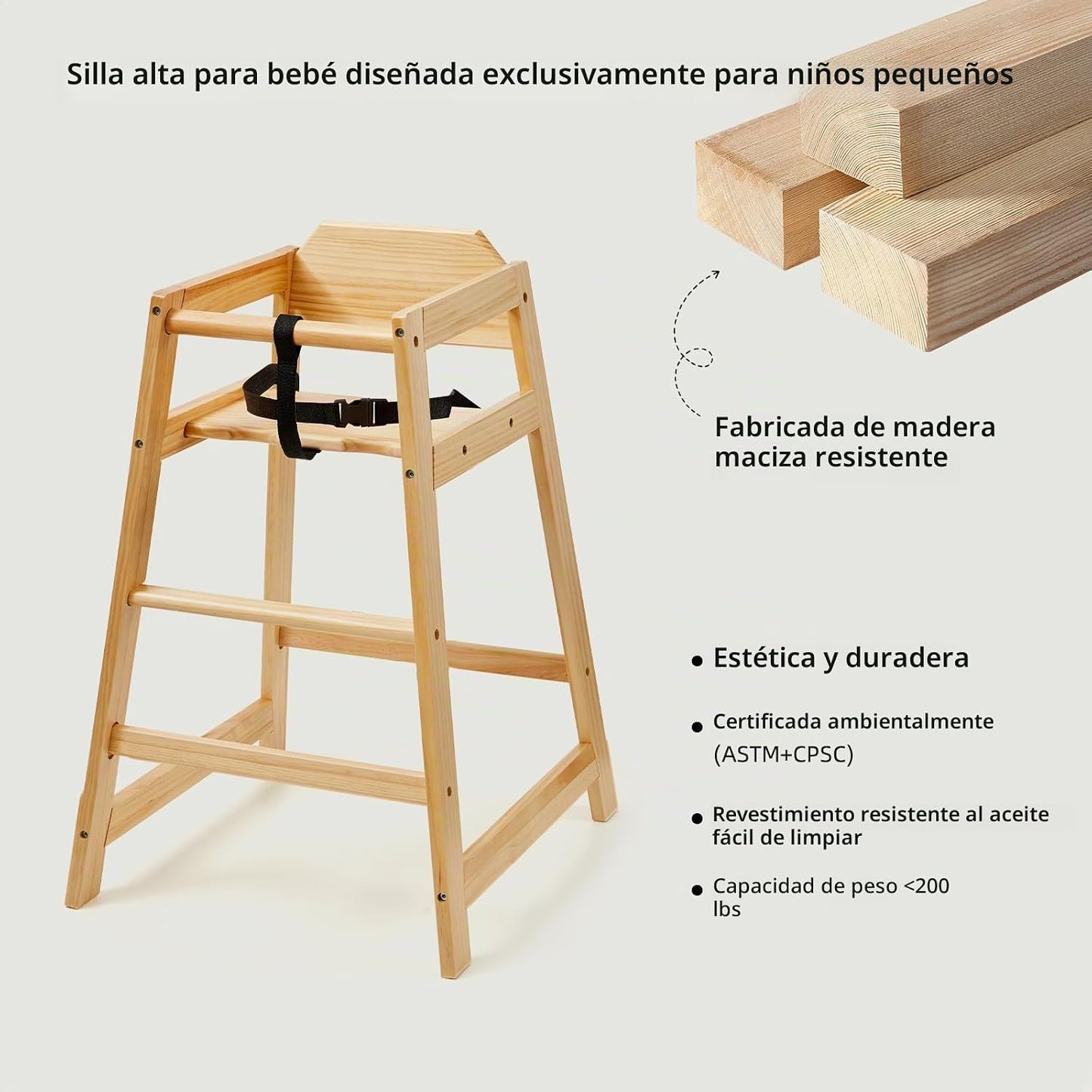 Neoflavie Silla alta de madera para bebés y niños pequeños, natural...