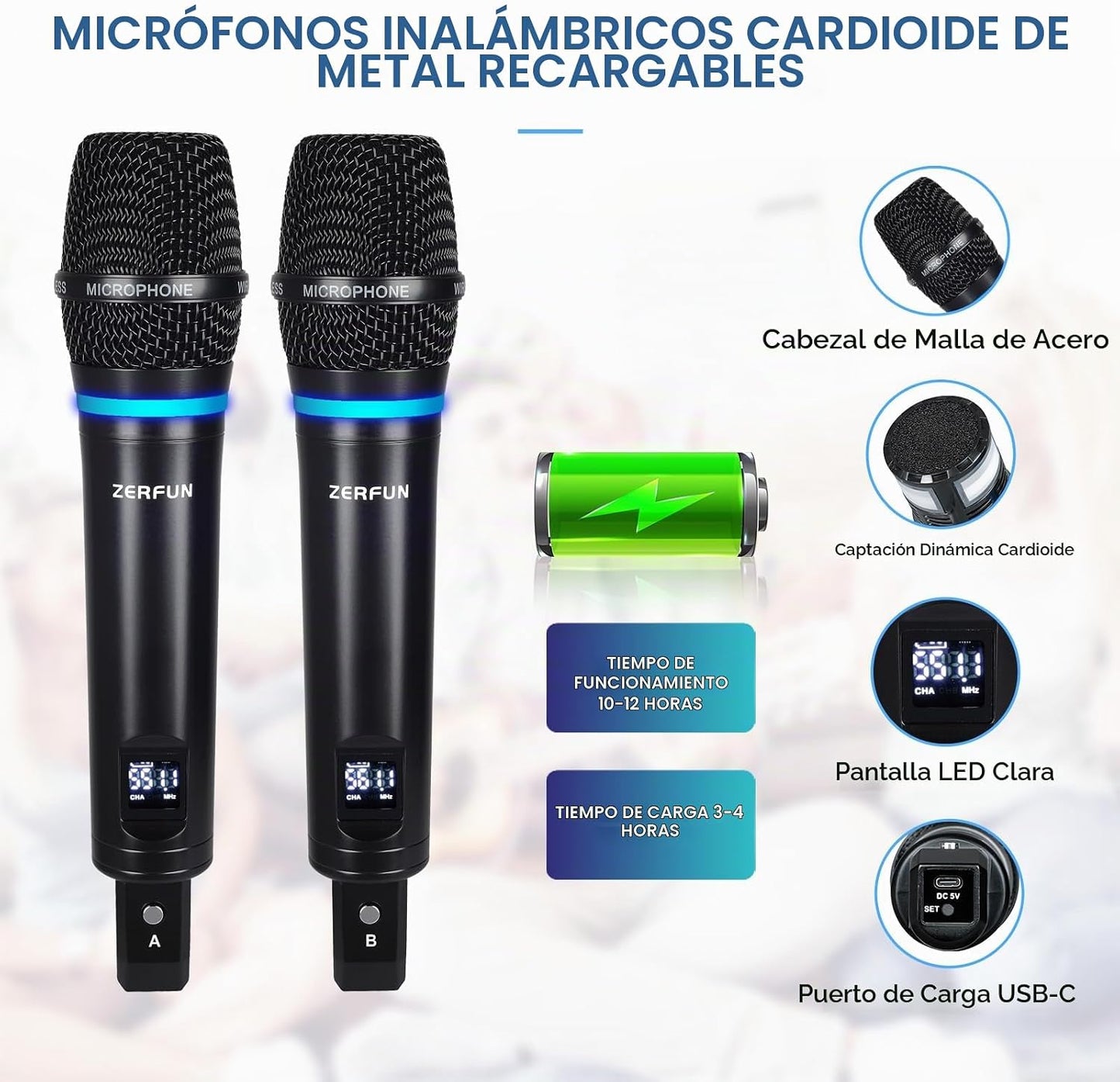 ZERFUN Sistema de Micrófono Inalámbrico Recargable de 2 Canales, Mi...