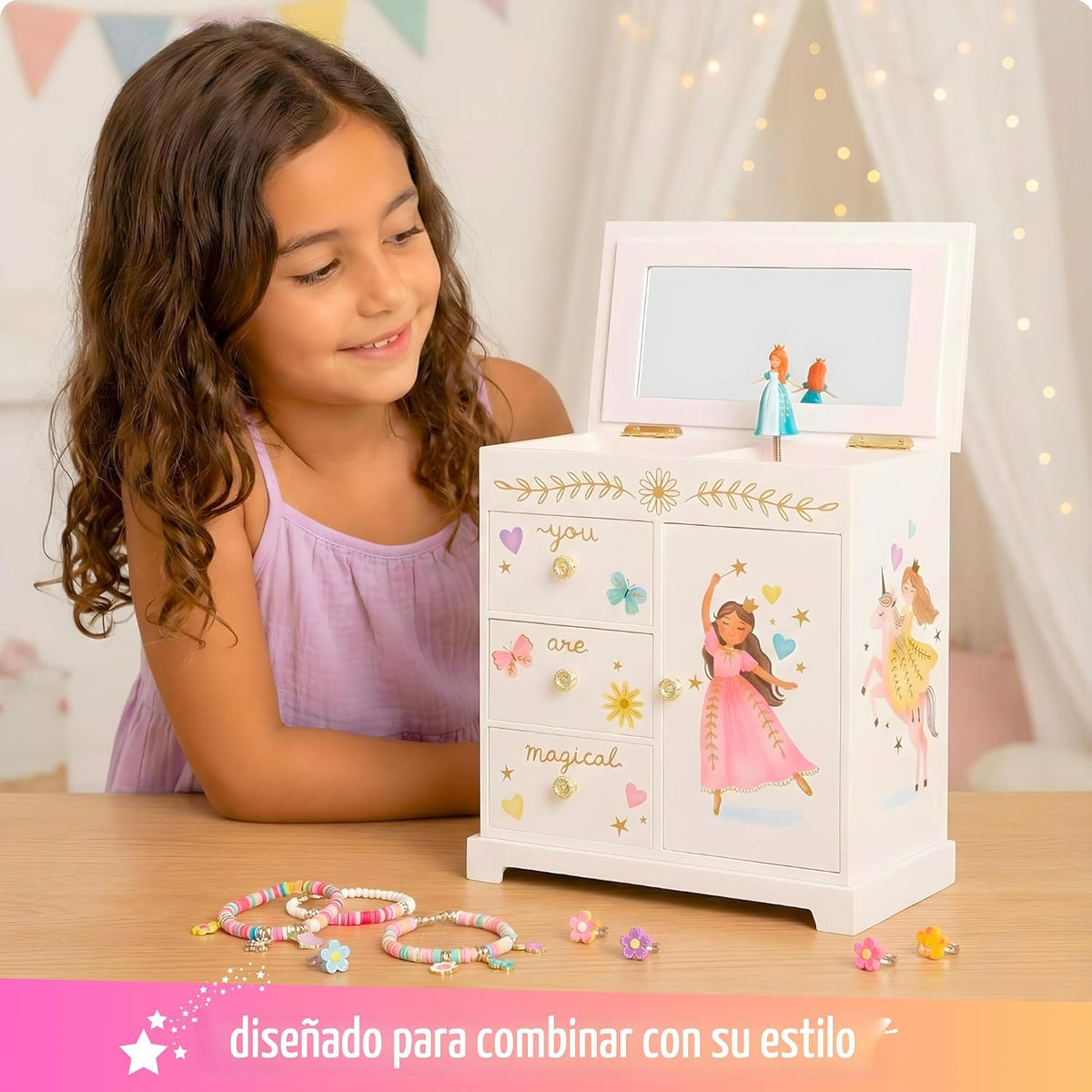 Giggle &amp; Honey Joyero musical de princesa para niñas, caja de m...