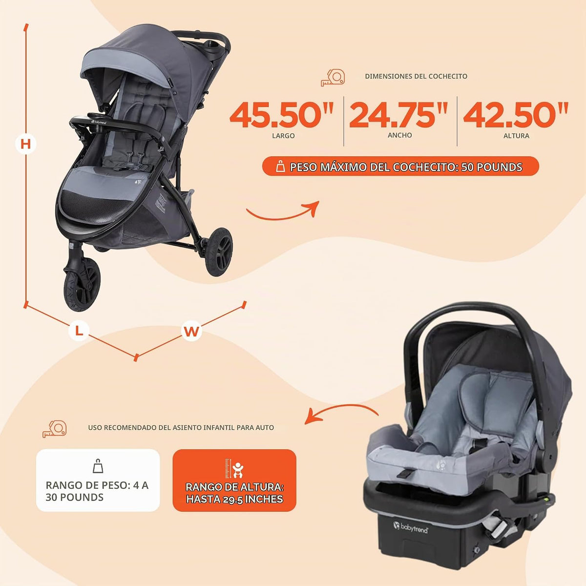 Baby Trend Tango™ 3 Sistema de viaje de cochecito todo terreno con...