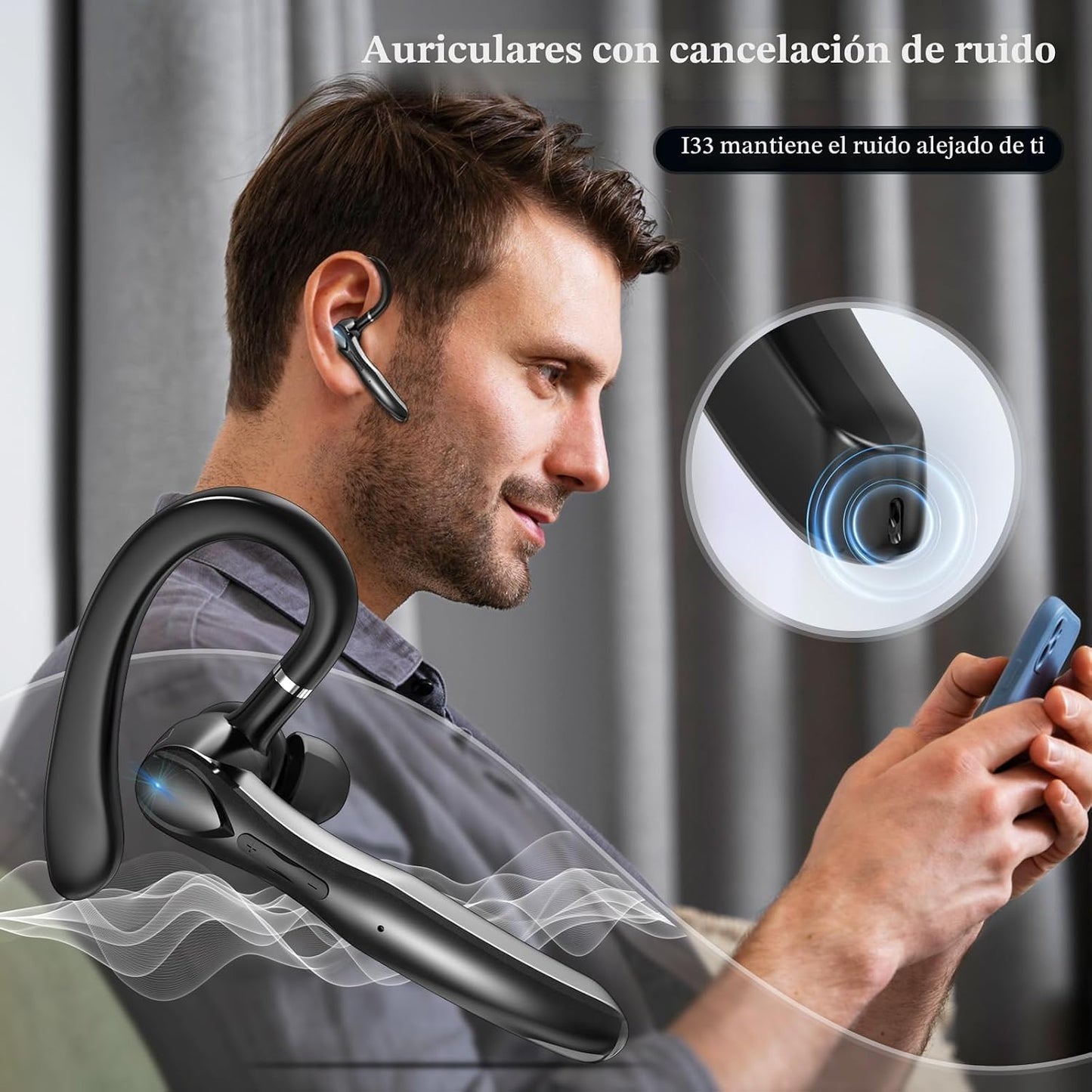 Auricular inalámbrico con Bluetooth, 55 horas de reproducción, auri...