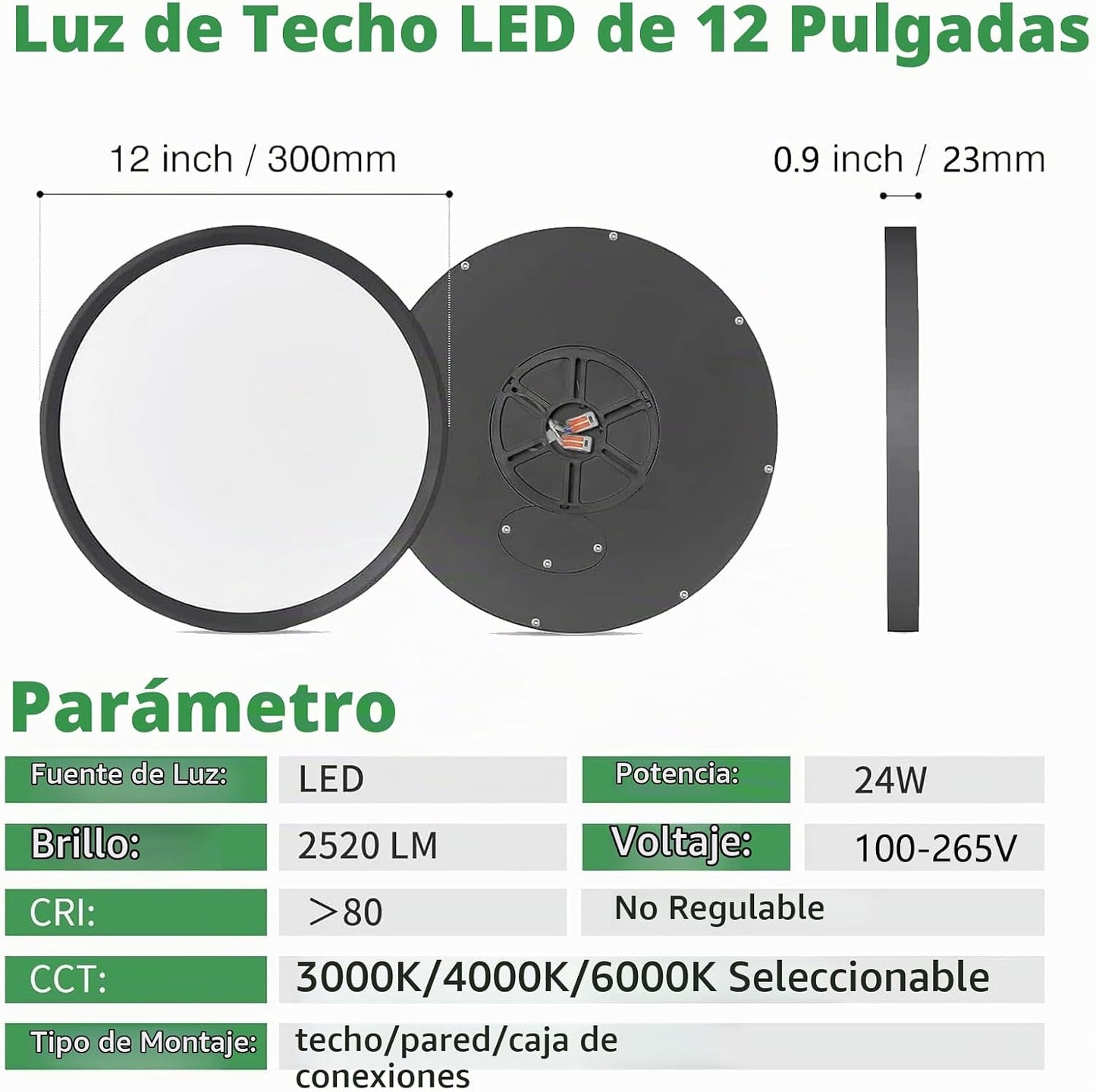 4PK Lámpara LED de techo empotrada de 12 pulgadas, 24W, 2520LM, 300...