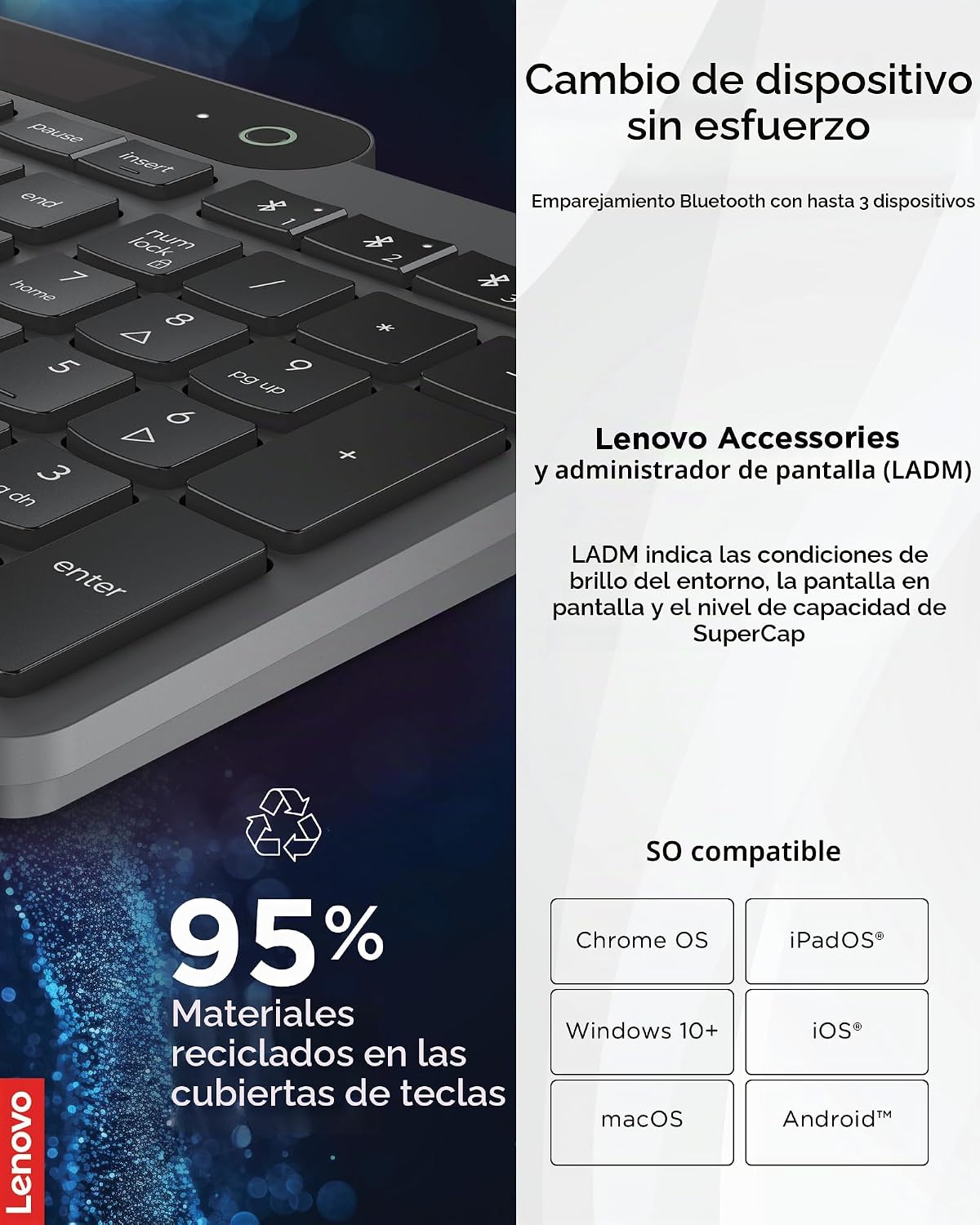 Lenovo 800 Teclado Bluetooth Autocargable, Utiliza Luz Ambiental pa...