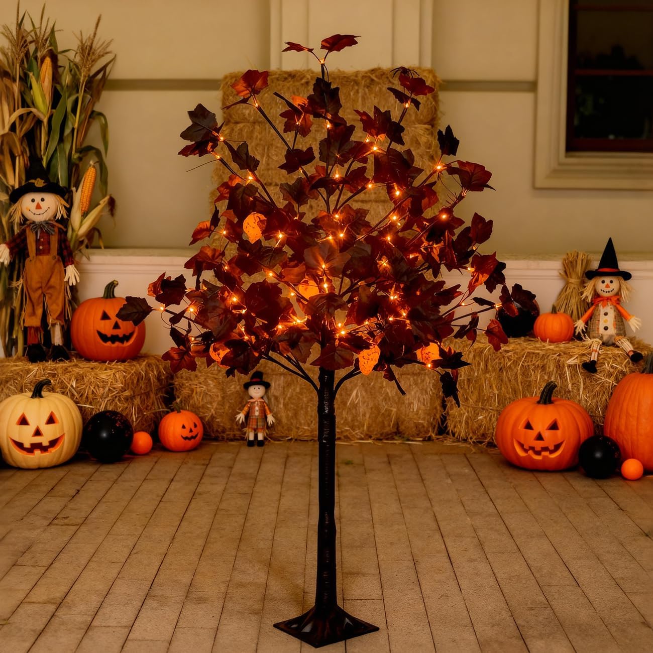 TYBEEU Árbol de Halloween de arce negro de 4 pies con luces LED de...
