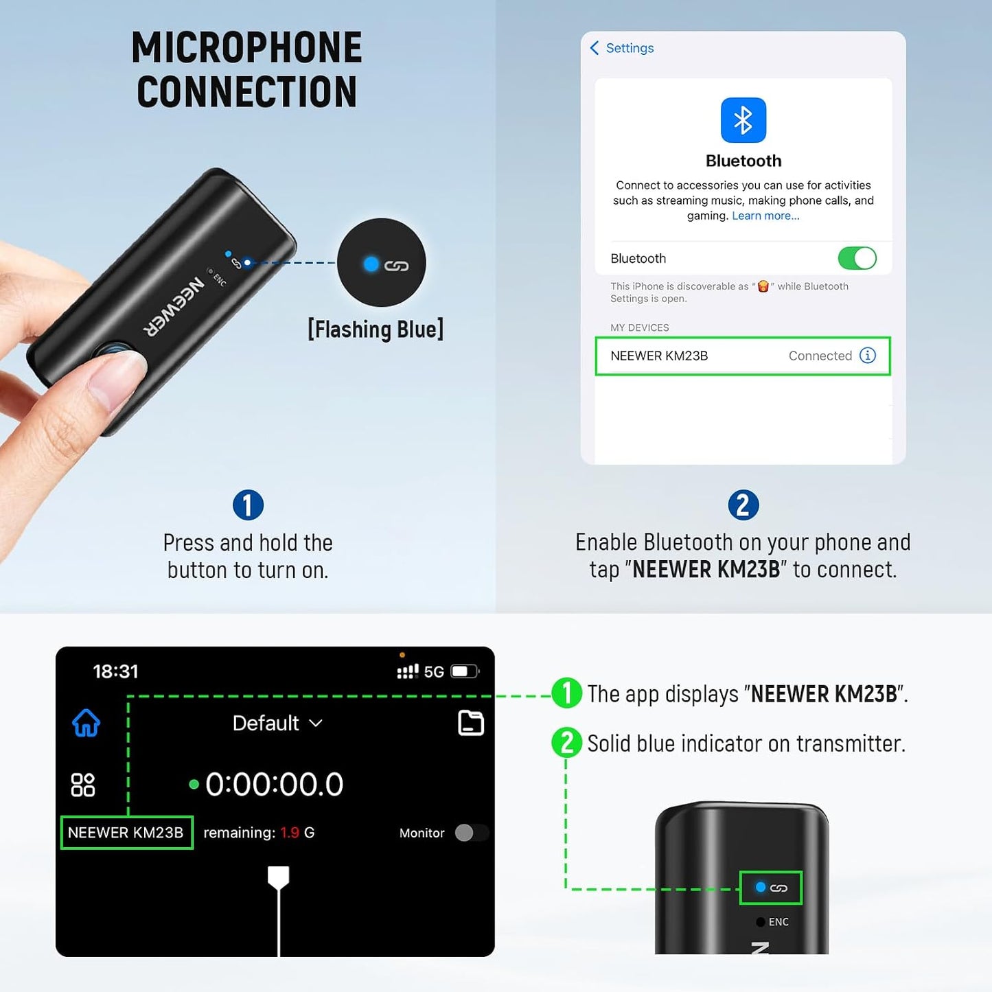 NEEWER KM23B Micrófono Lavalier Inalámbrico con Control de Aplicaci...